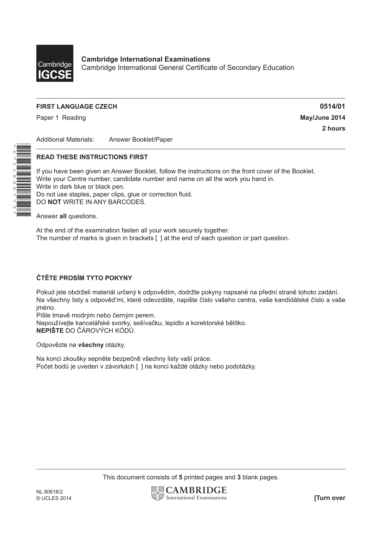 Cambridge IGCSE Czech - First Language 0514 2014 May/June Paper 1 · Variant 1 question paper, page 1 of 8