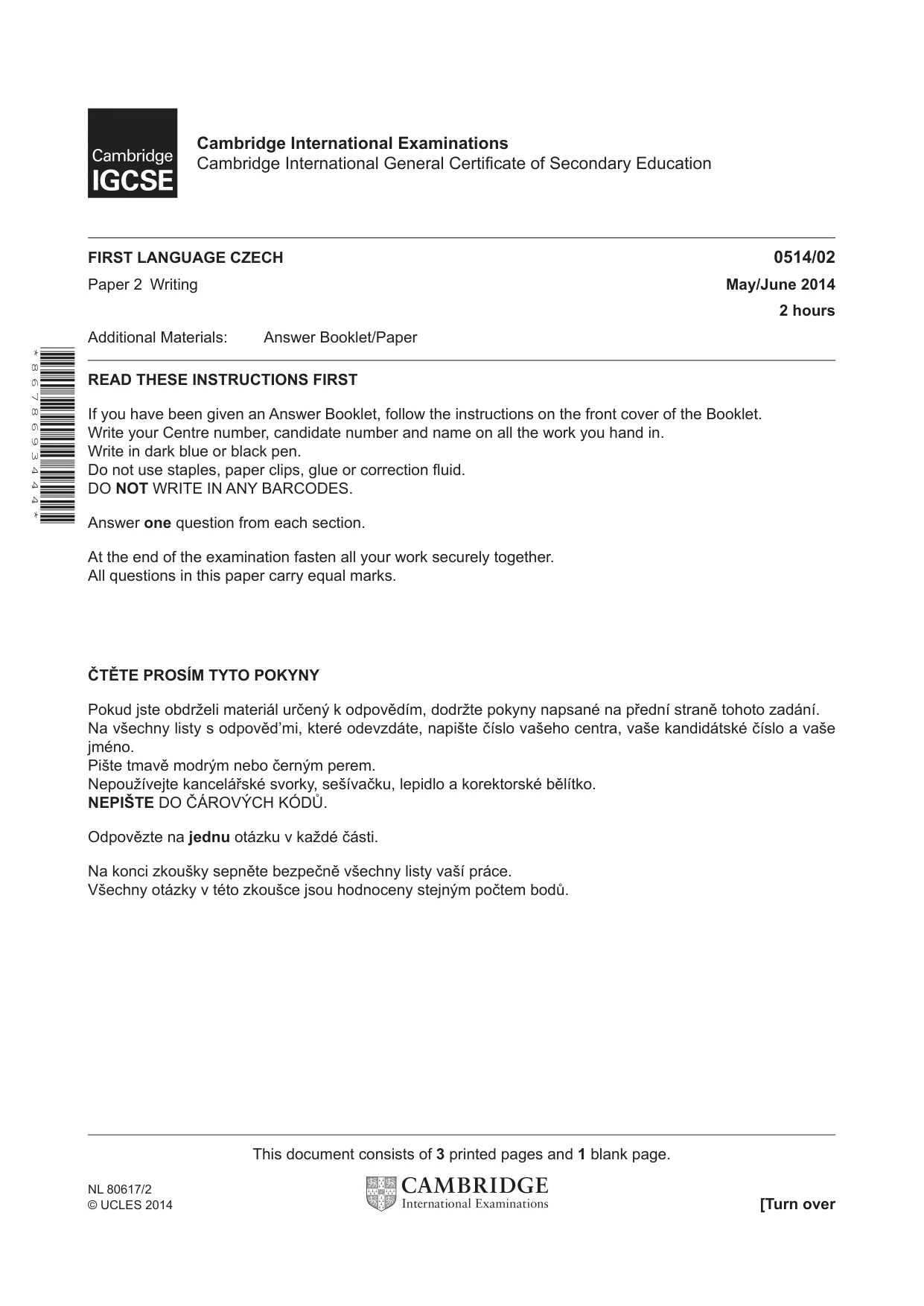 Cambridge IGCSE Czech - First Language 0514 2014 May/June Paper 2 · Variant 1 question paper, page 1 of 4