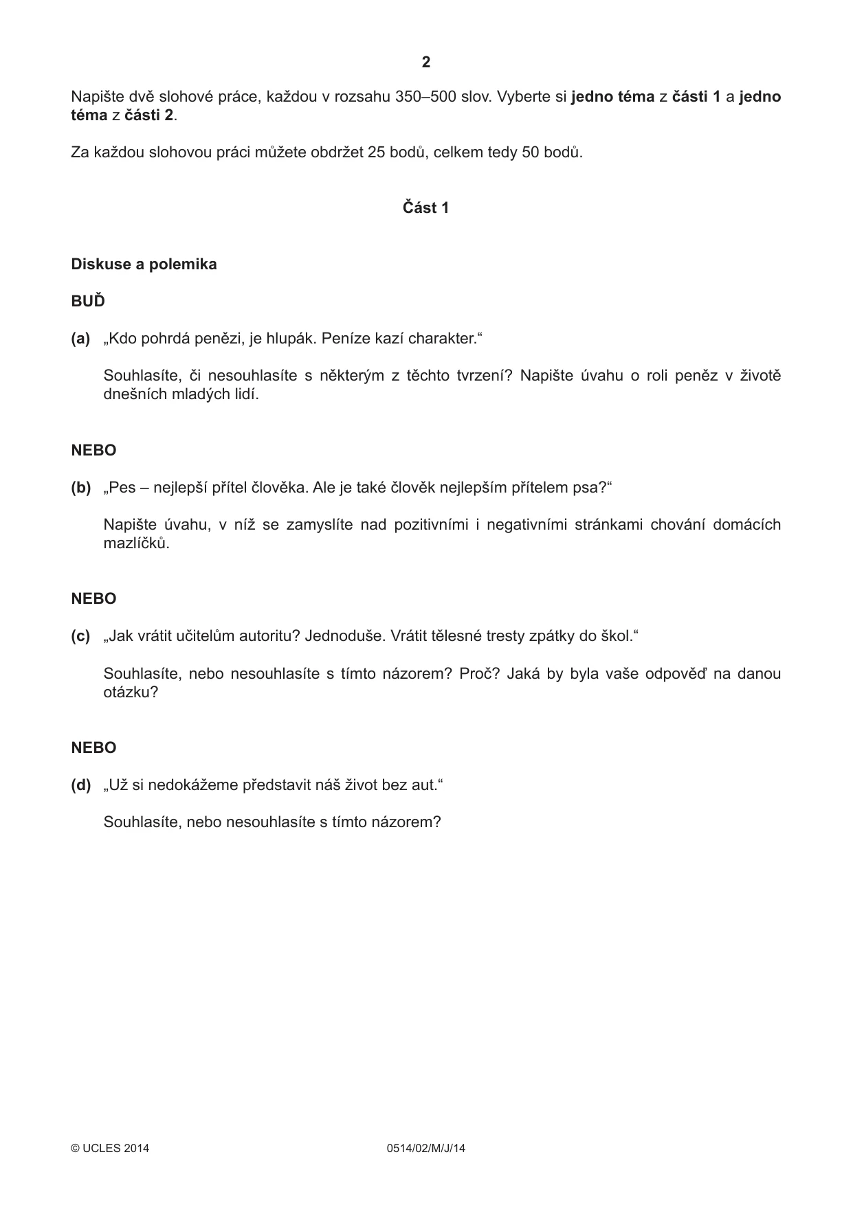 Cambridge IGCSE Czech - First Language 0514 2014 May/June Paper 2 · Variant 1 question paper, page 2 of 4