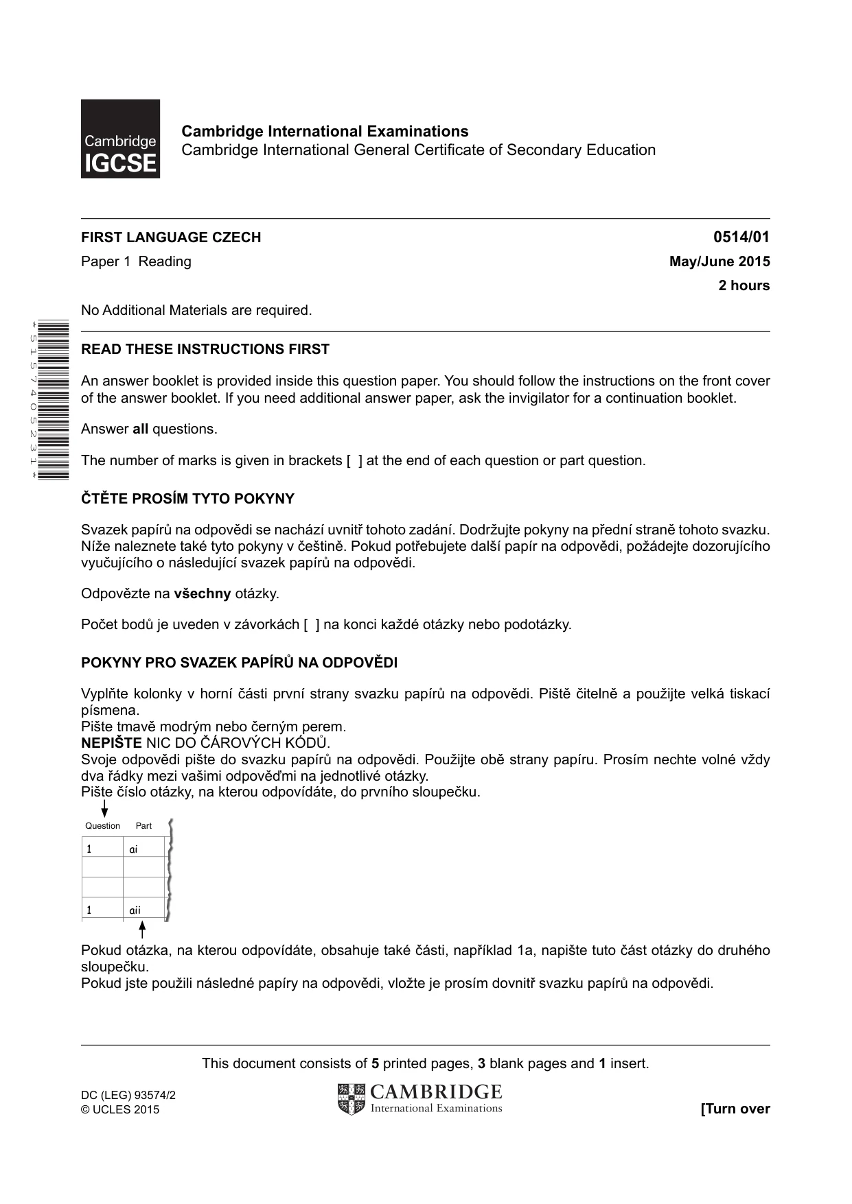 Cambridge IGCSE Czech - First Language 0514 2015 May/June Paper 1 · Variant 1 question paper, page 1 of 8