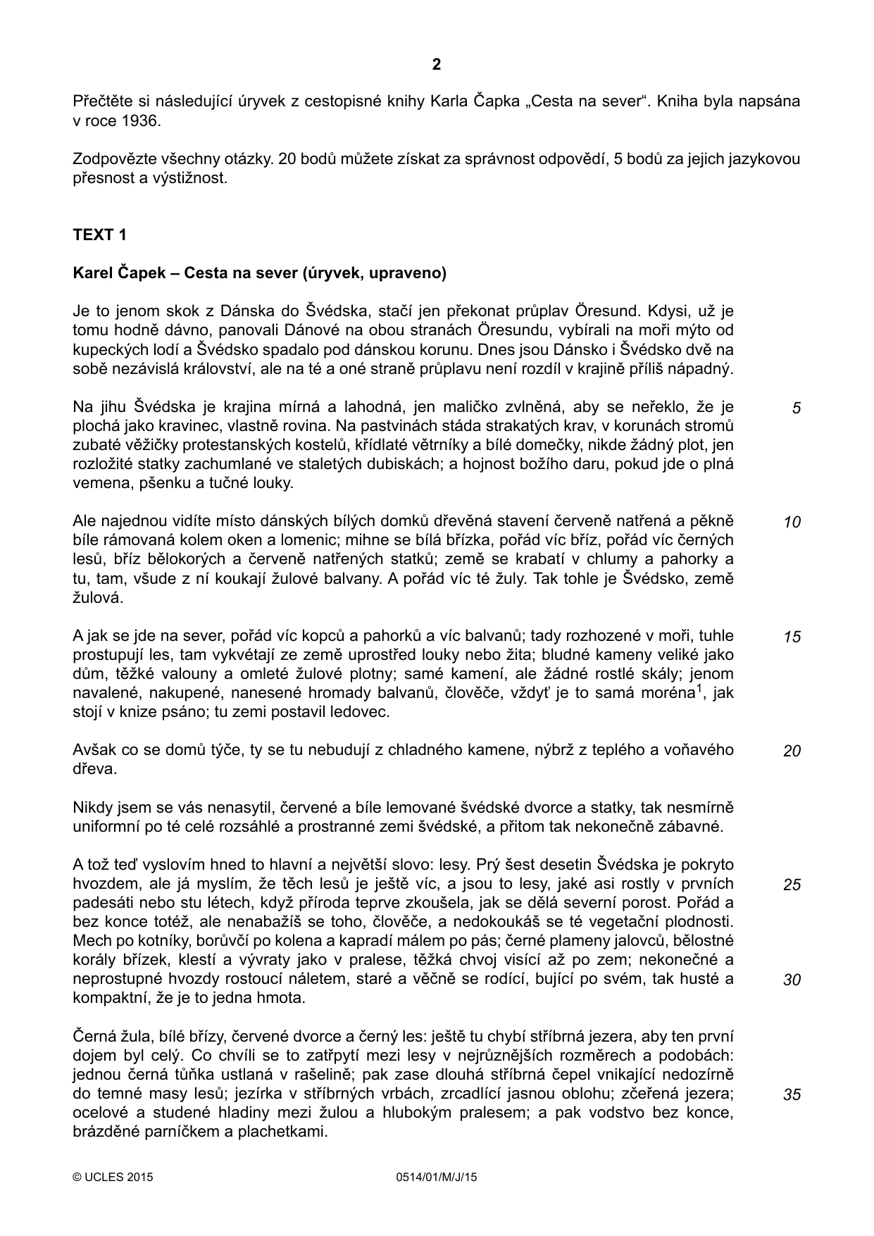 Cambridge IGCSE Czech - First Language 0514 2015 May/June Paper 1 · Variant 1 question paper, page 2 of 8