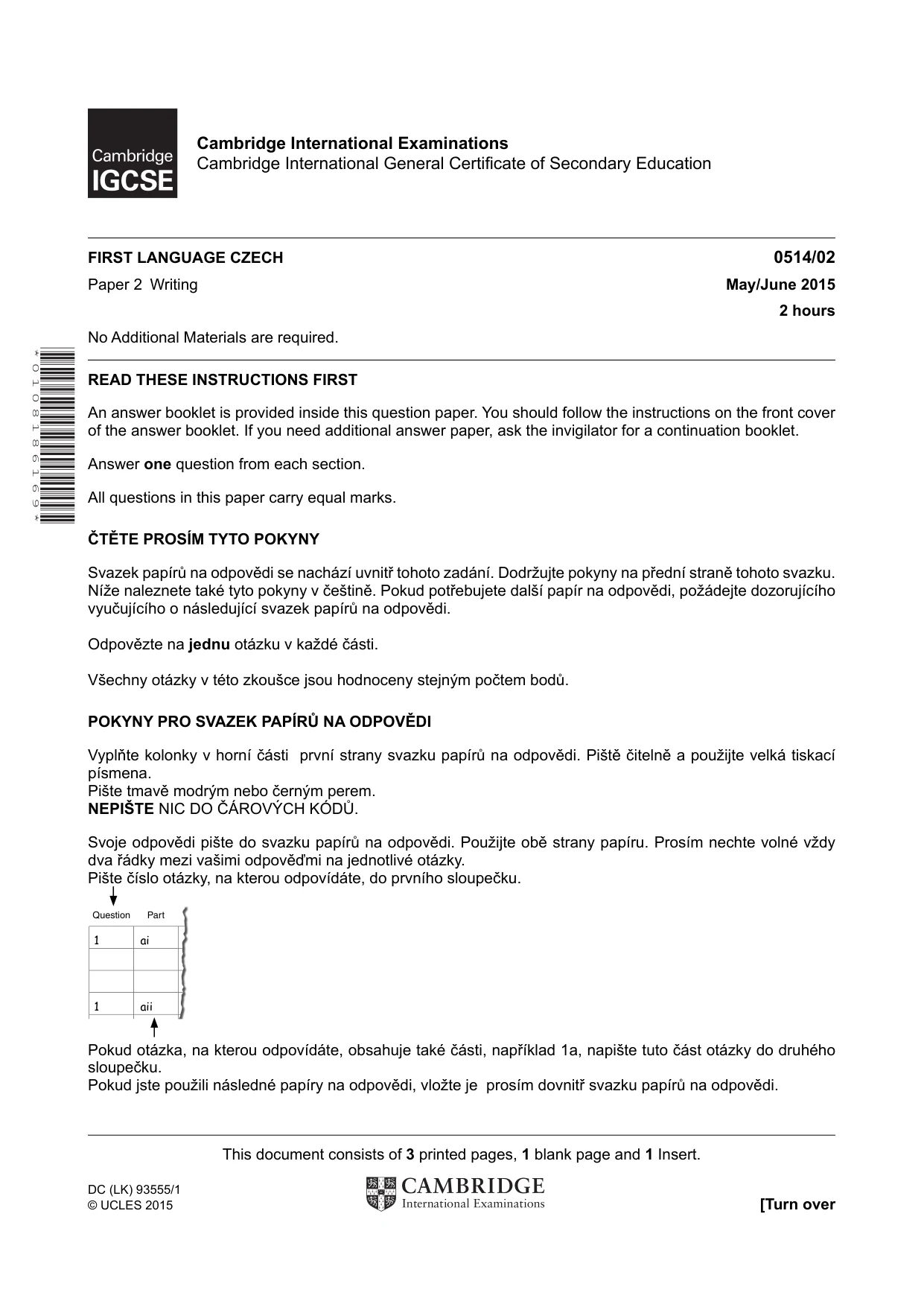 Cambridge IGCSE Czech - First Language 0514 2015 May/June Paper 2 · Variant 1 question paper, page 1 of 4
