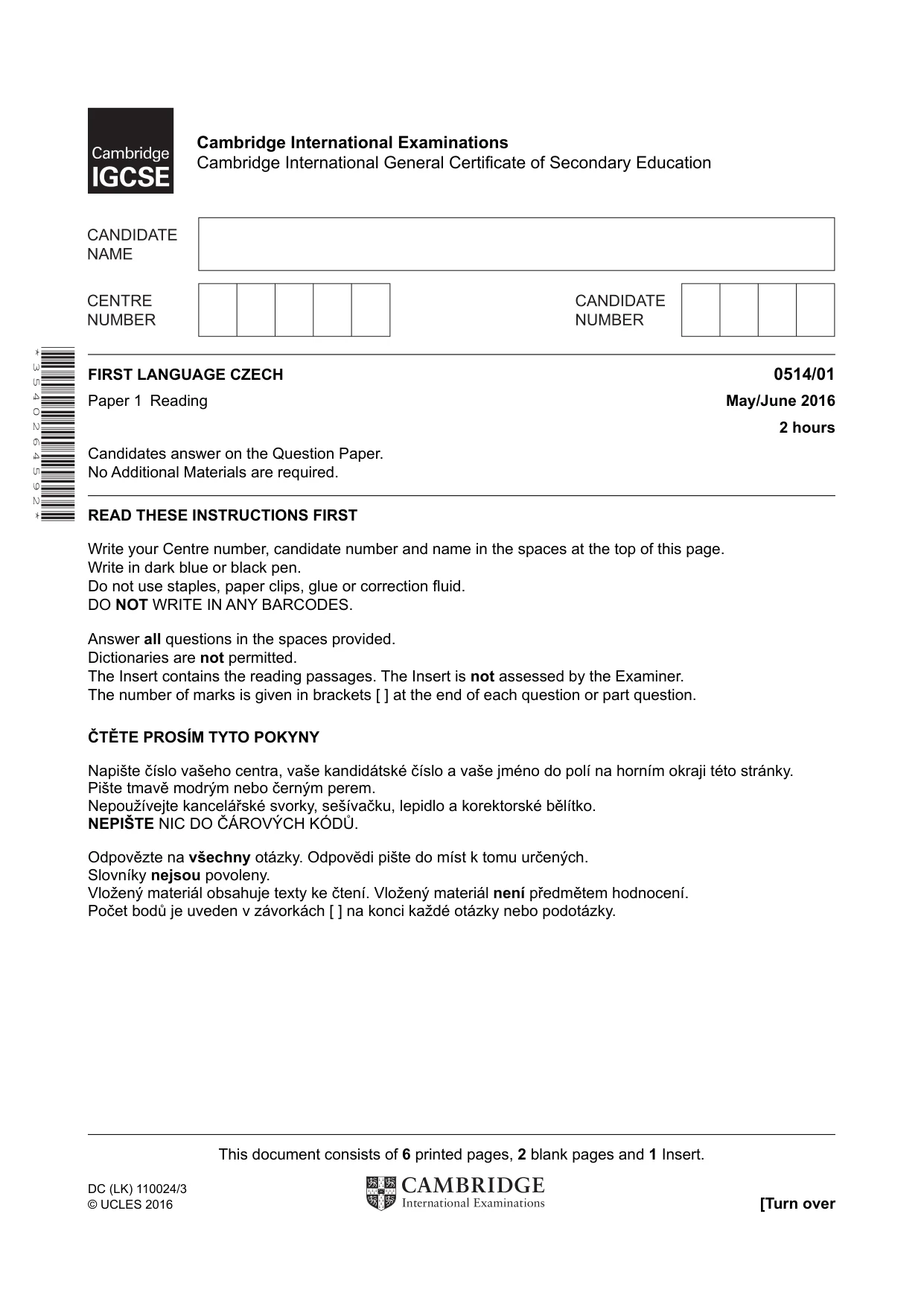 Cambridge IGCSE Czech - First Language 0514 2016 May/June Paper 1 · Variant 0 question paper, page 1 of 8
