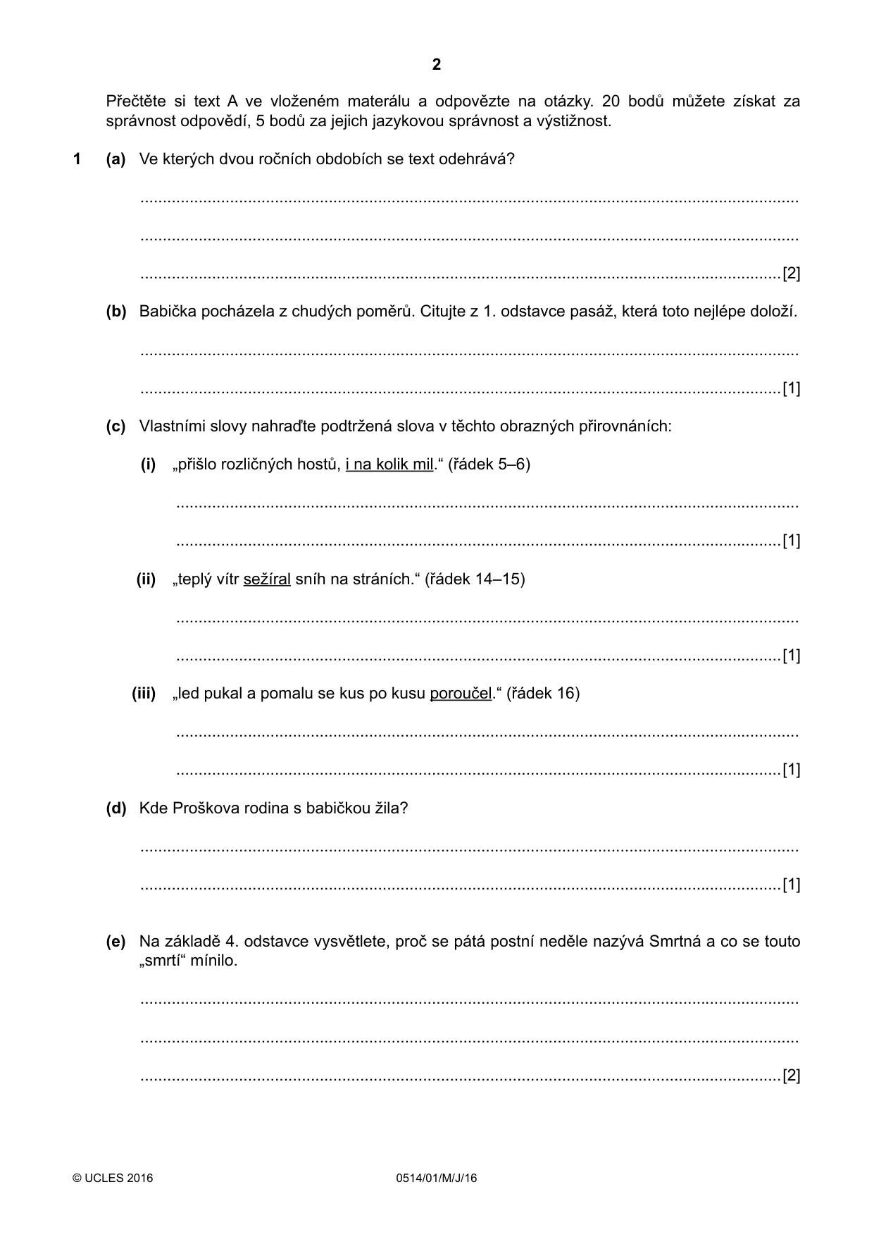 Cambridge IGCSE Czech - First Language 0514 2016 May/June Paper 1 · Variant 0 question paper, page 2 of 8