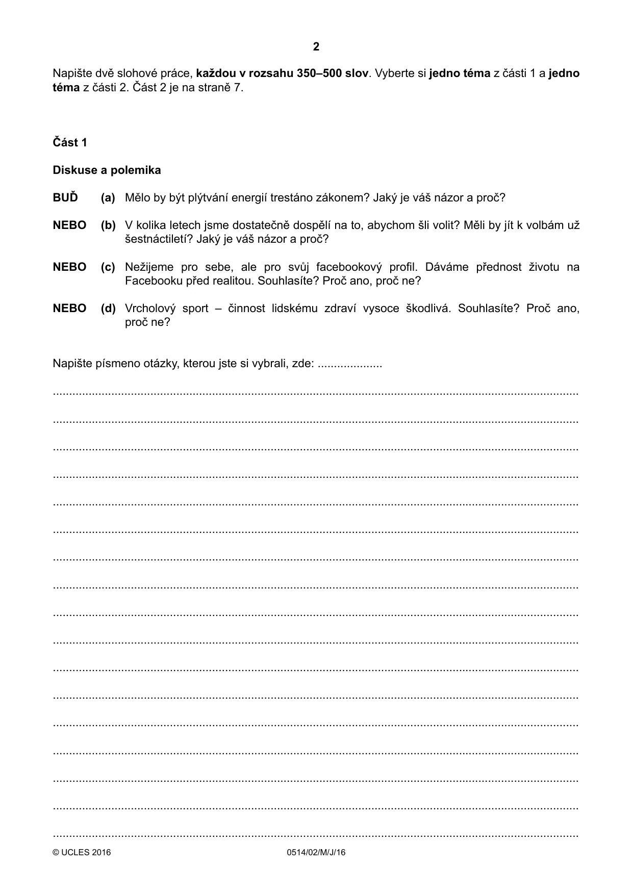 Cambridge IGCSE Czech - First Language 0514 2016 May/June Paper 2 · Variant 0 question paper, page 2 of 12