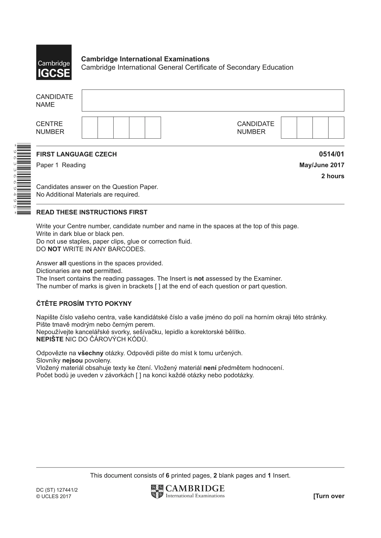 Cambridge IGCSE Czech - First Language 0514 2017 May/June Paper 1 · Variant 1 question paper, page 1 of 8
