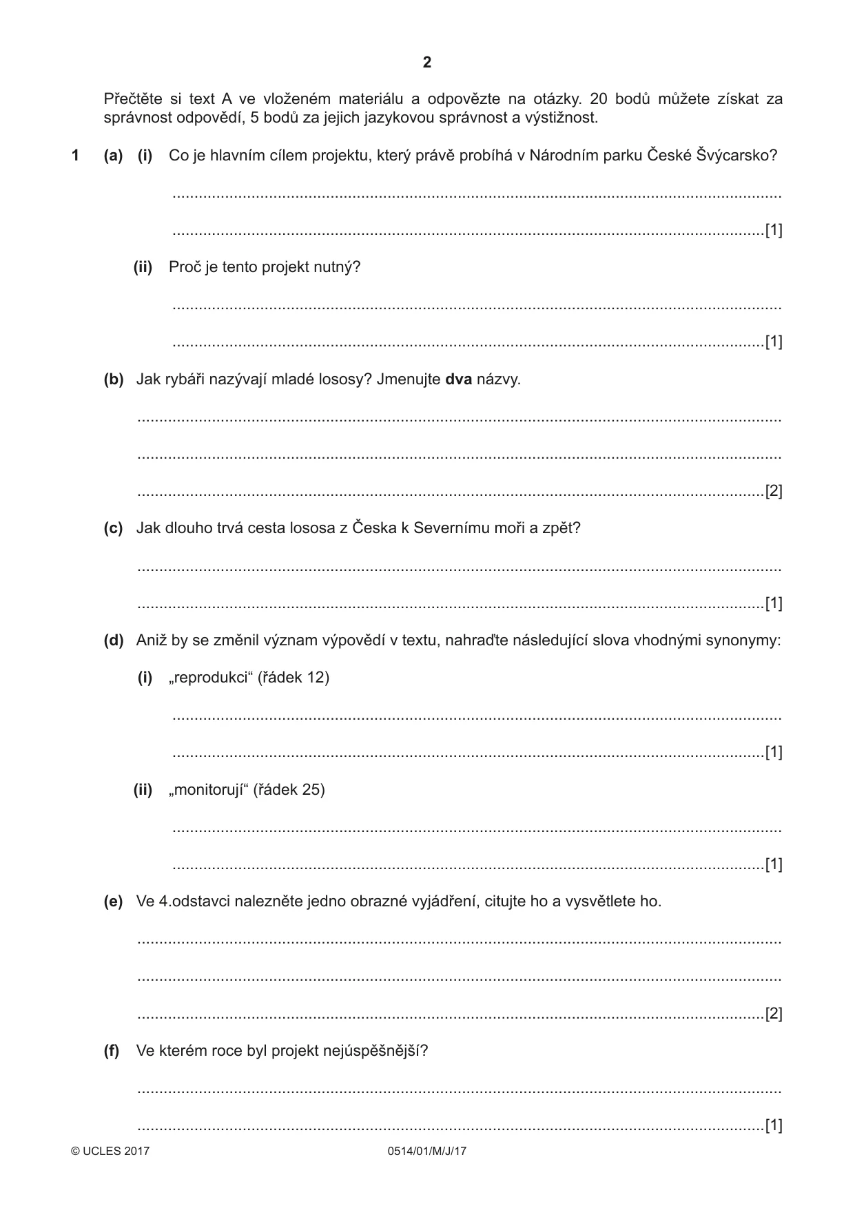 Cambridge IGCSE Czech - First Language 0514 2017 May/June Paper 1 · Variant 1 question paper, page 2 of 8