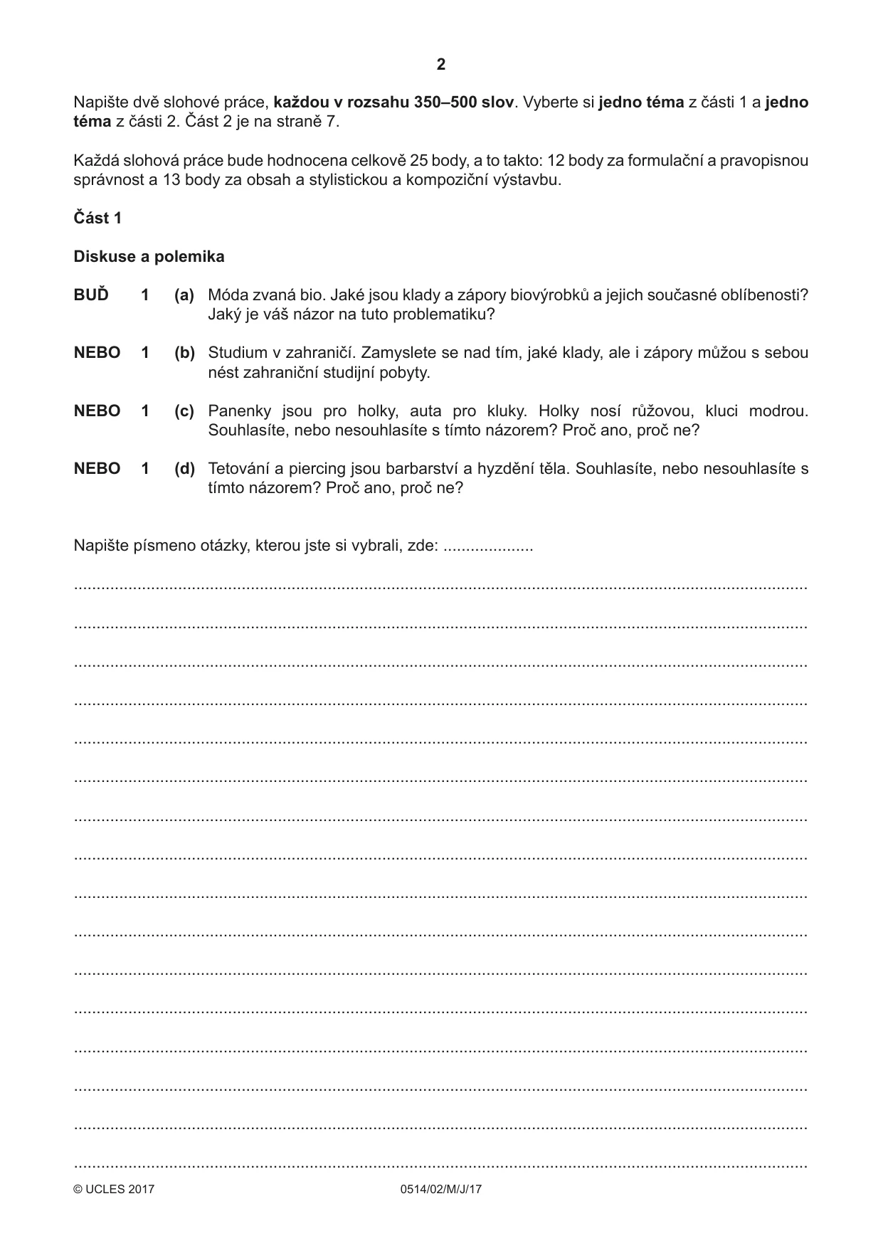 Cambridge IGCSE Czech - First Language 0514 2017 May/June Paper 2 · Variant 1 question paper, page 2 of 12