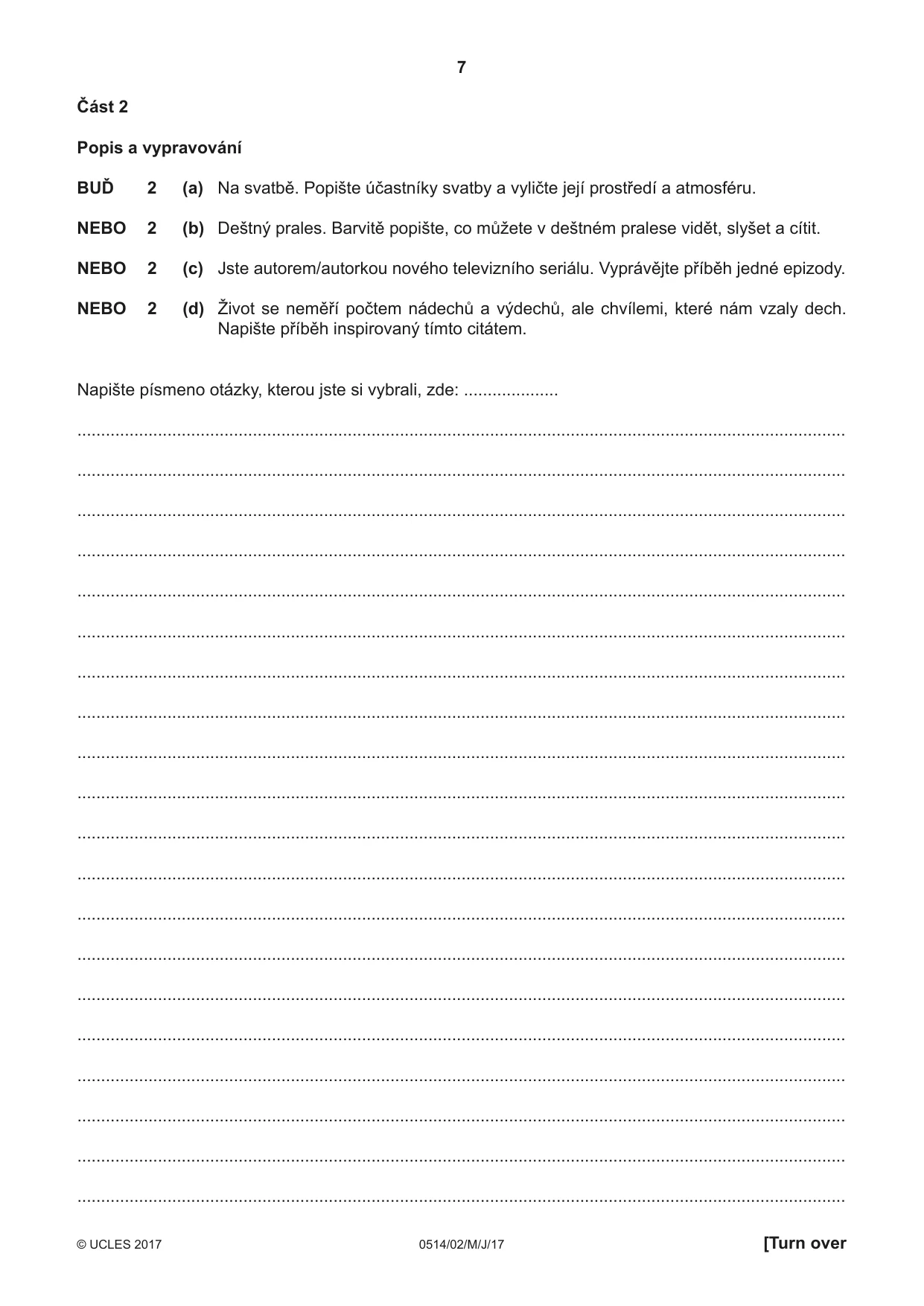 Cambridge IGCSE Czech - First Language 0514 2017 May/June Paper 2 · Variant 1 question paper, page 7 of 12