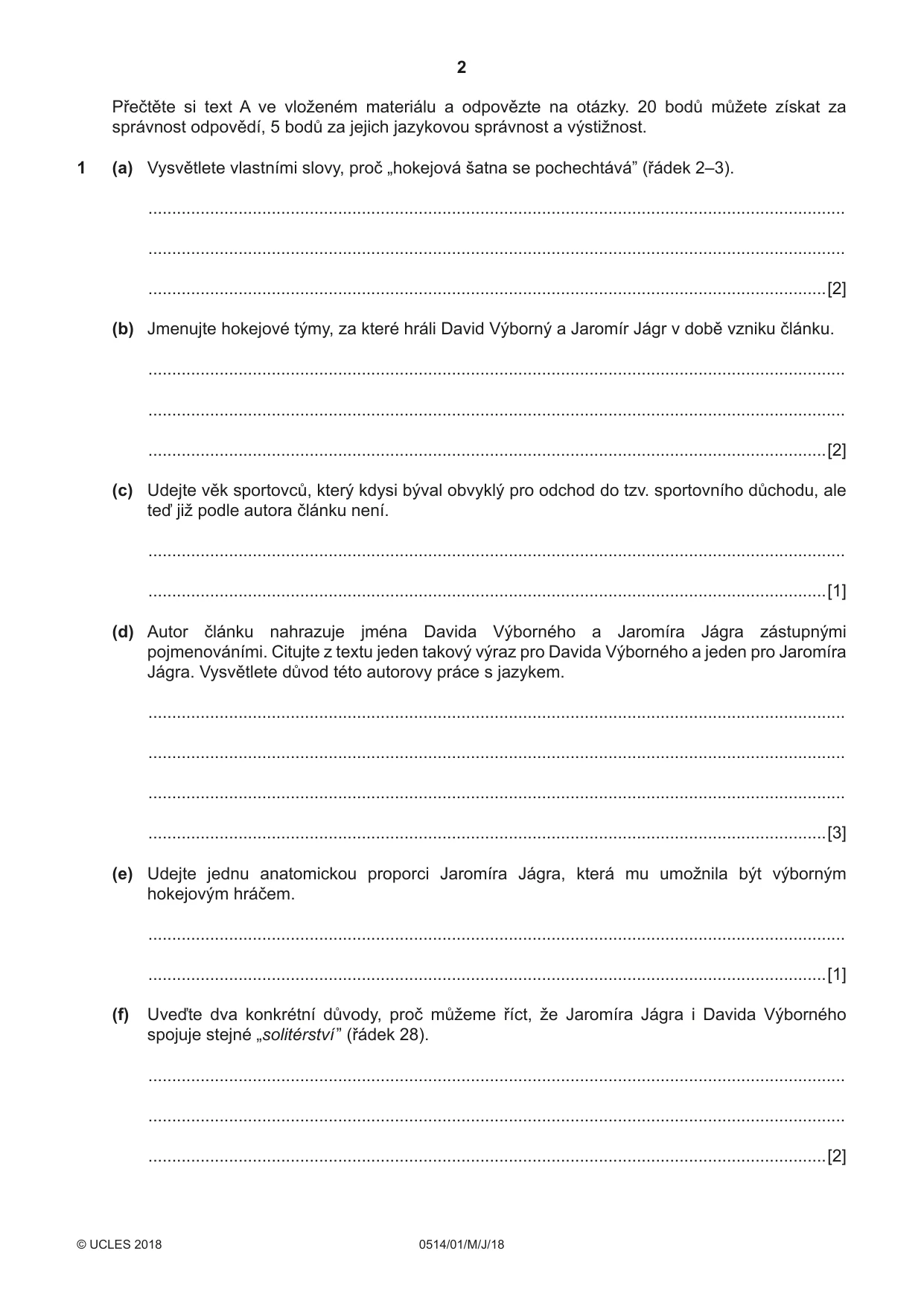 Cambridge IGCSE Czech - First Language 0514 2018 May/June Paper 1 · Variant 0 question paper, page 2 of 8