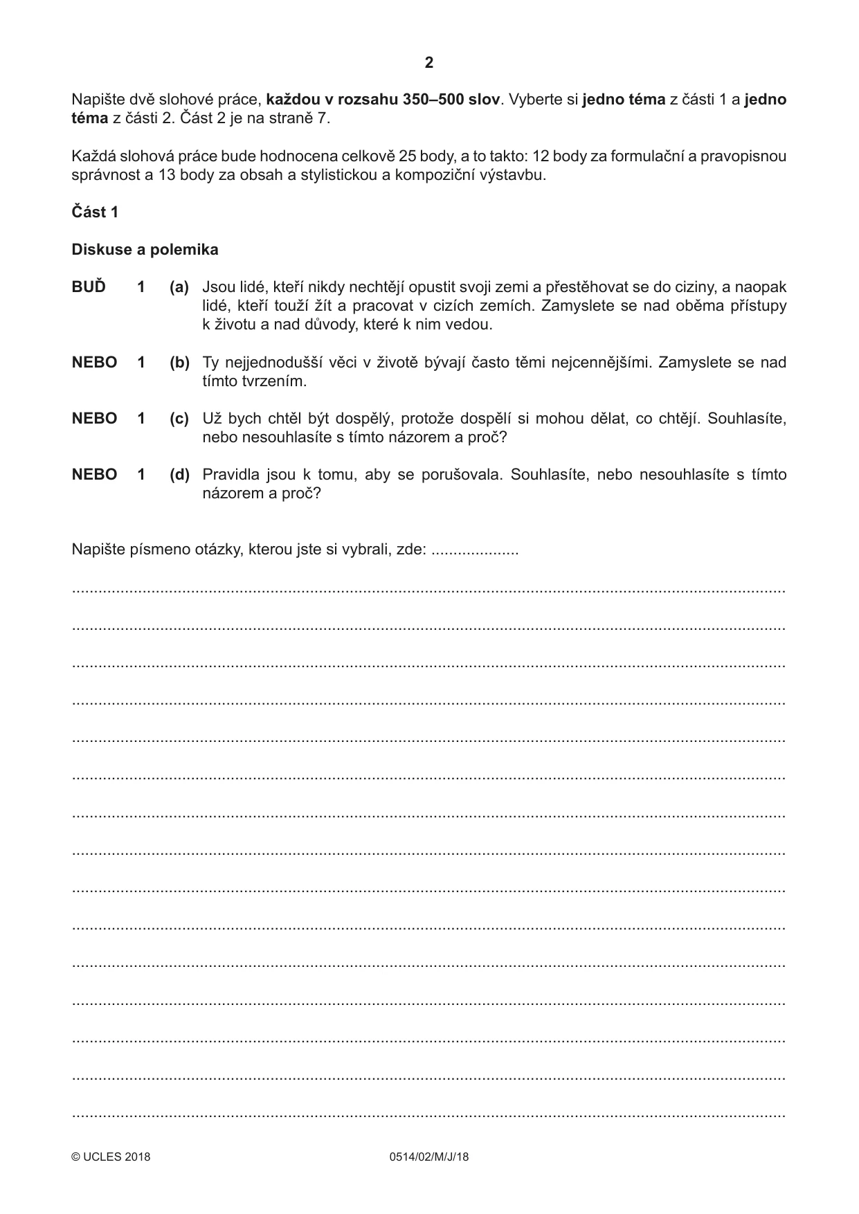 Cambridge IGCSE Czech - First Language 0514 2018 May/June Paper 2 · Variant 0 question paper, page 2 of 12