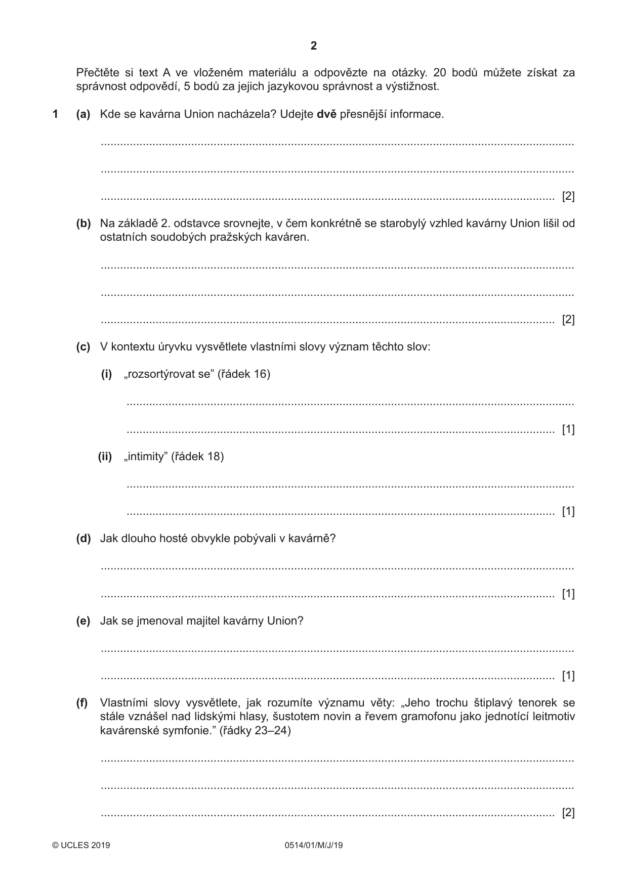 Cambridge IGCSE Czech - First Language 0514 2019 May/June Paper 1 · Variant 1 question paper, page 2 of 8