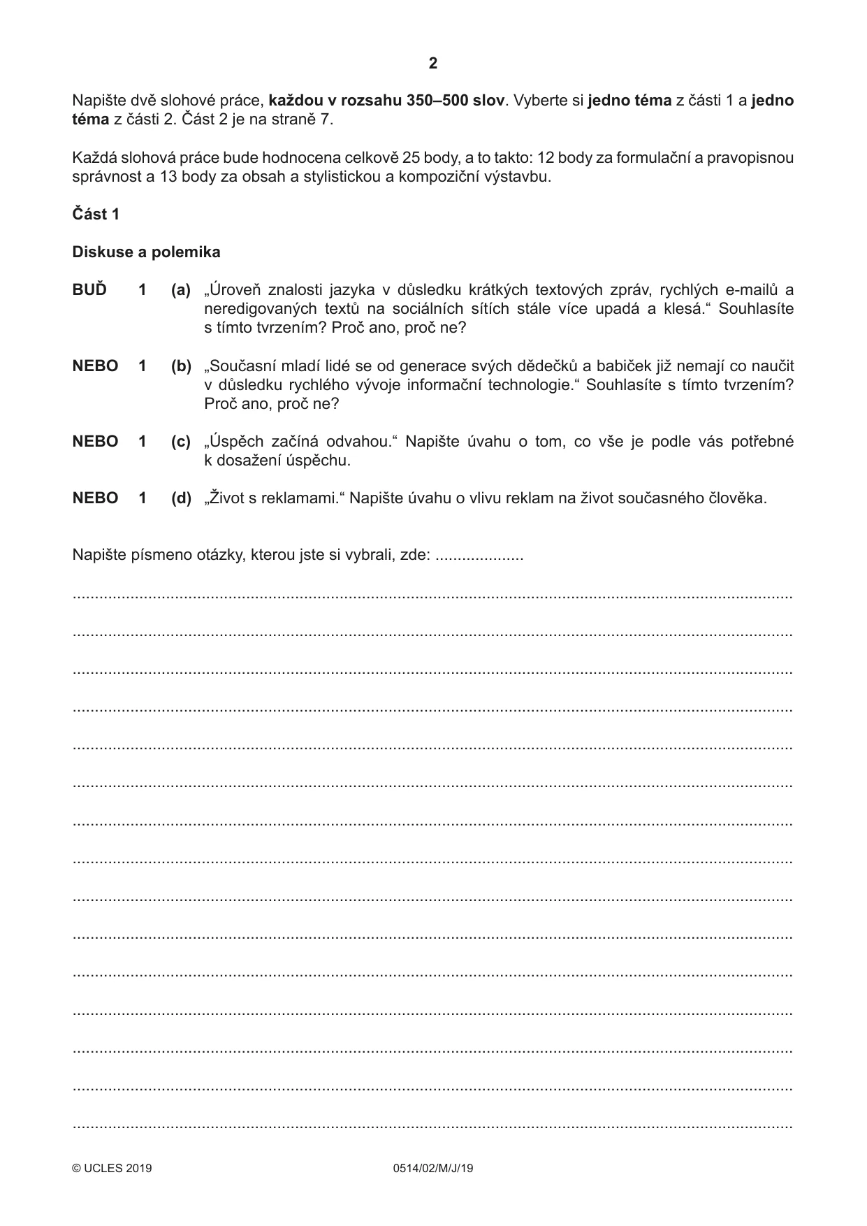 Cambridge IGCSE Czech - First Language 0514 2019 May/June Paper 2 · Variant 1 question paper, page 2 of 12