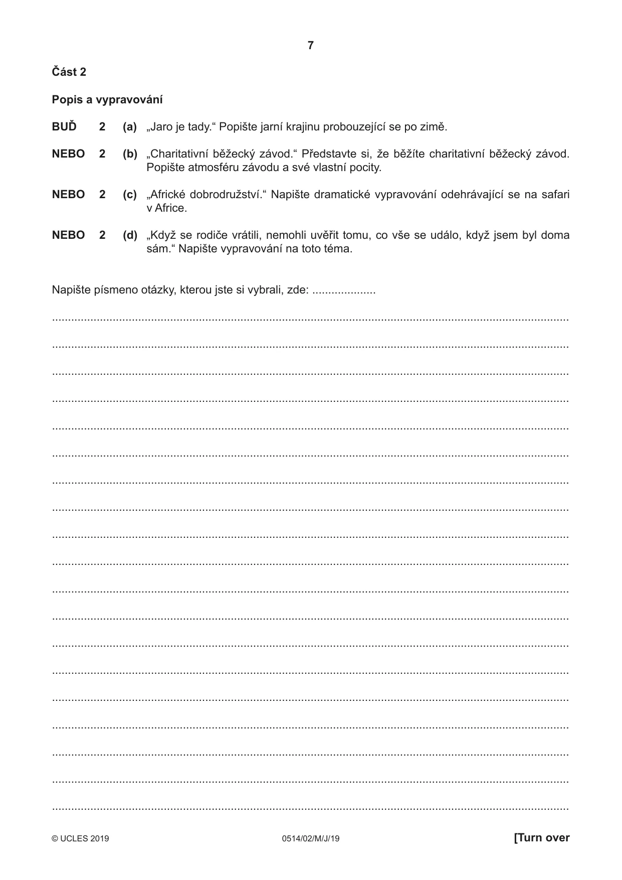 Cambridge IGCSE Czech - First Language 0514 2019 May/June Paper 2 · Variant 1 question paper, page 7 of 12