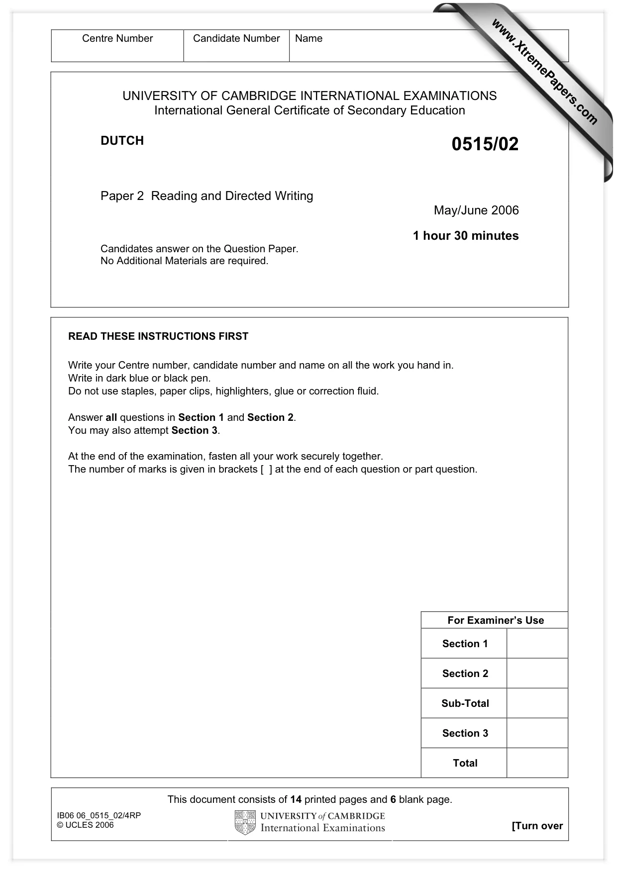 Cambridge IGCSE Dutch - Foreign Language 0515 2006 May/June Paper 2 · Variant 1 question paper, page 1 of 20