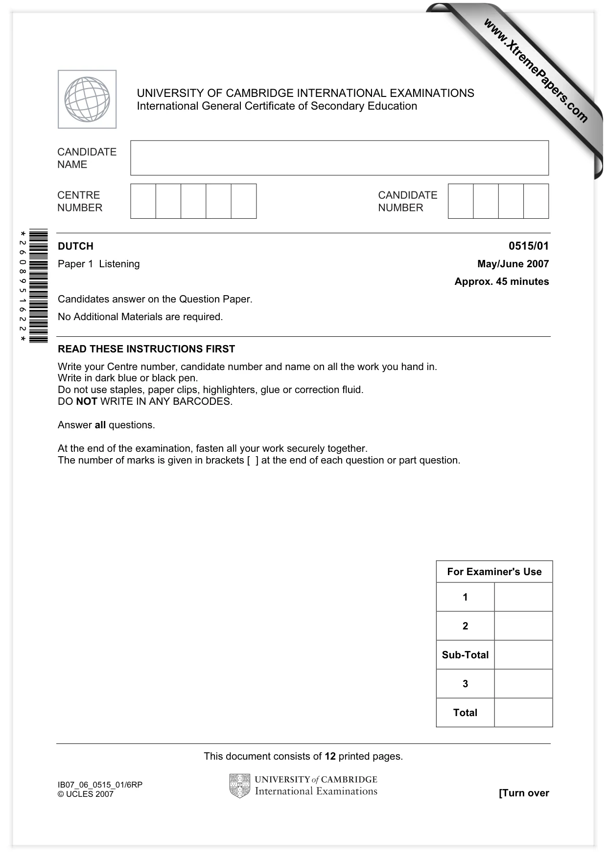 Cambridge IGCSE Dutch - Foreign Language 0515 2007 May/June Paper 1 · Variant 1 question paper, page 1 of 12
