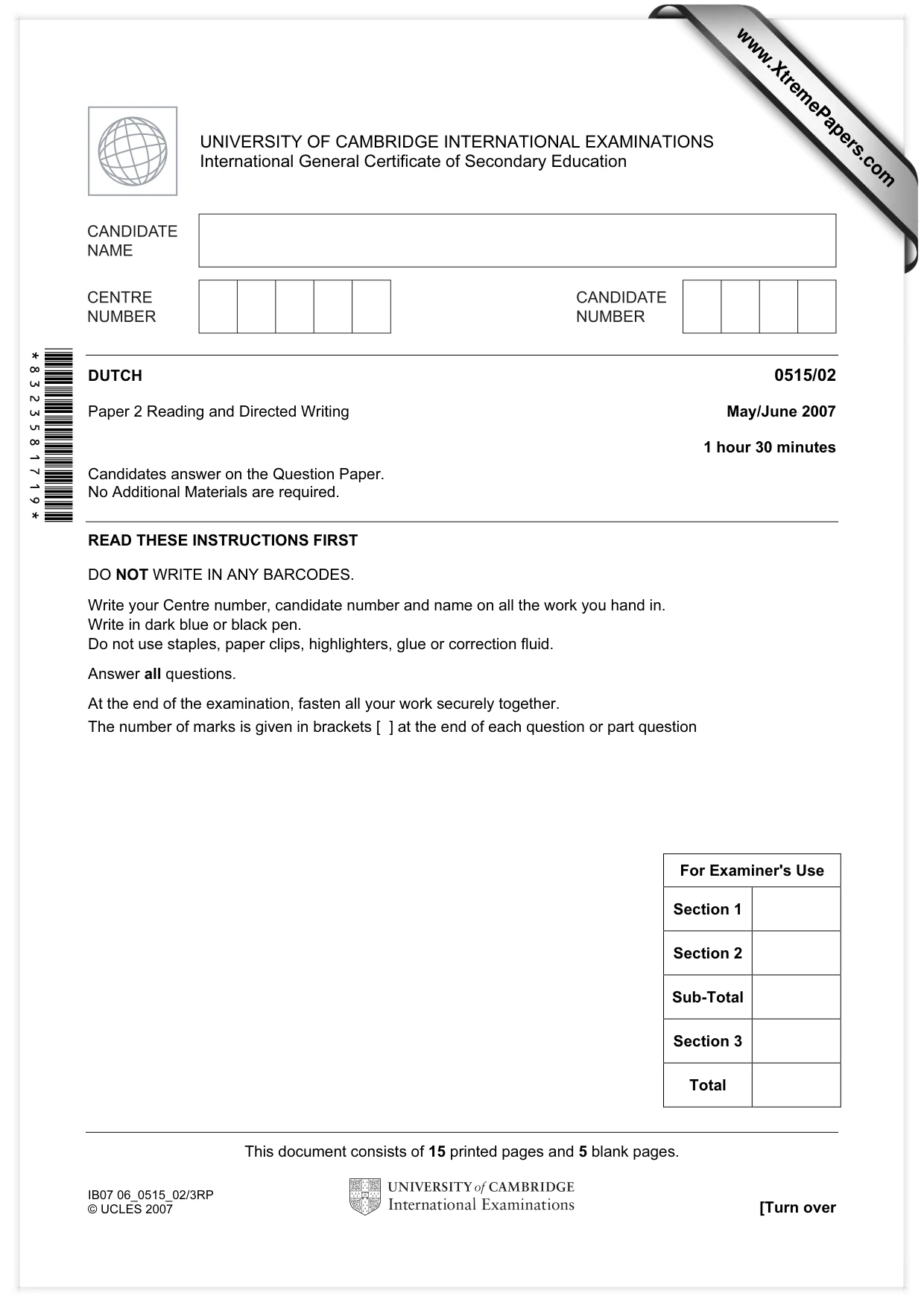 Cambridge IGCSE Dutch - Foreign Language 0515 2007 May/June Paper 2 · Variant 1 question paper, page 1 of 20