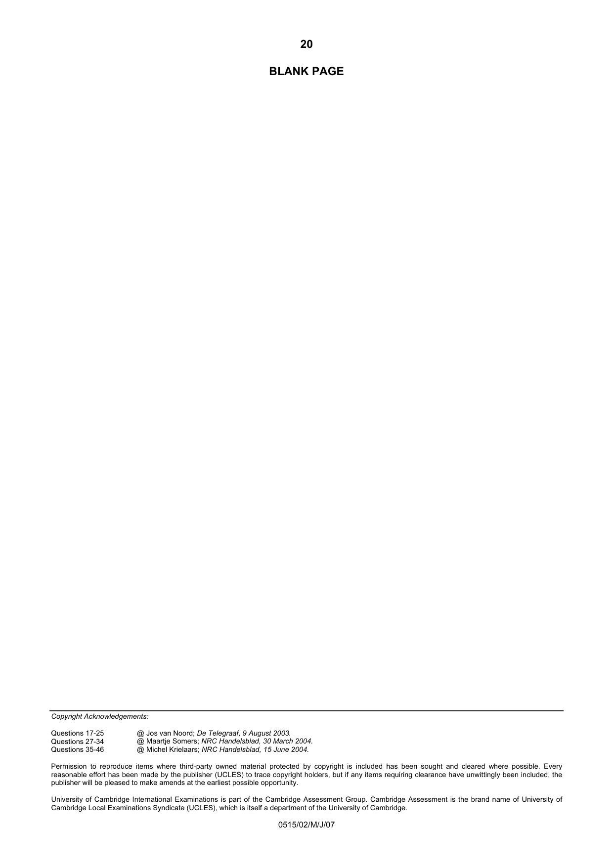 Cambridge IGCSE Dutch - Foreign Language 0515 2007 May/June Paper 2 · Variant 1 question paper, page 20 of 20