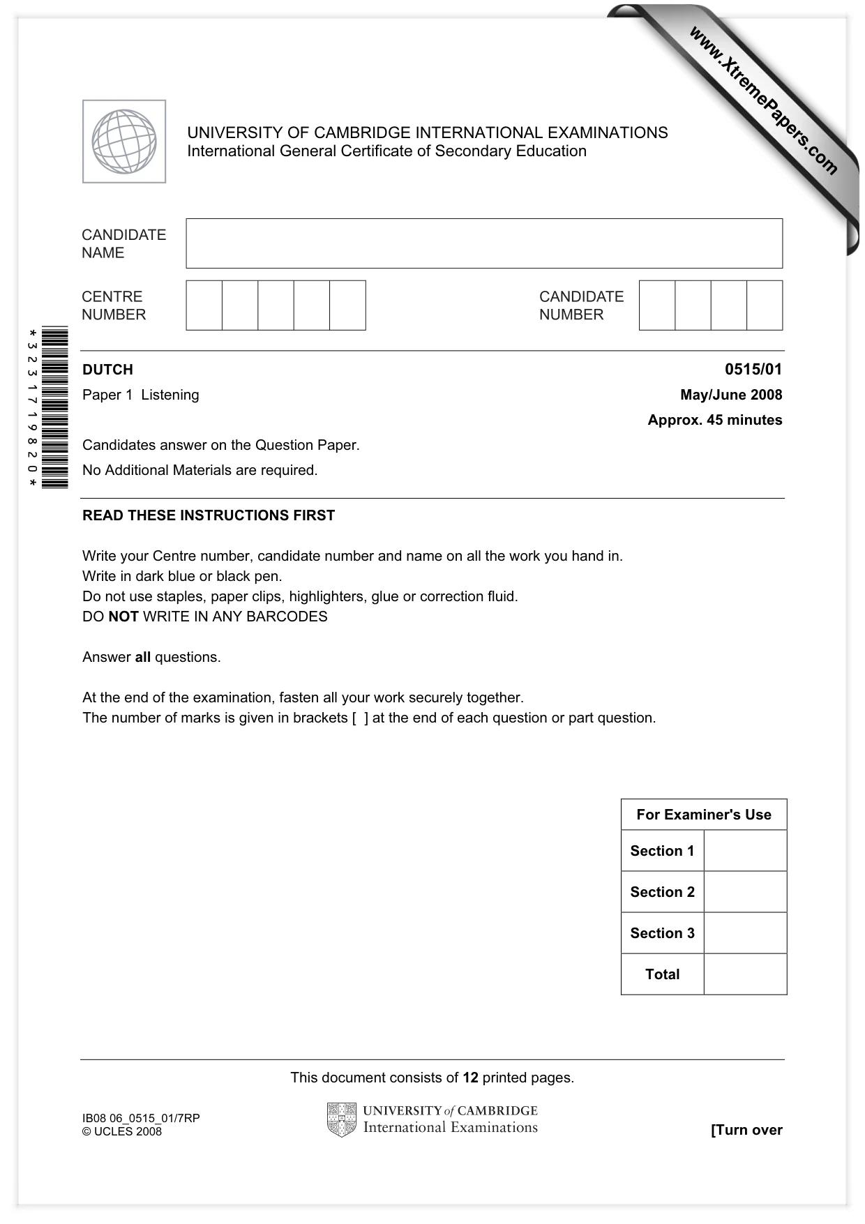 Cambridge IGCSE Dutch - Foreign Language 0515 2008 May/June Paper 1 · Variant 1 question paper, page 1 of 12