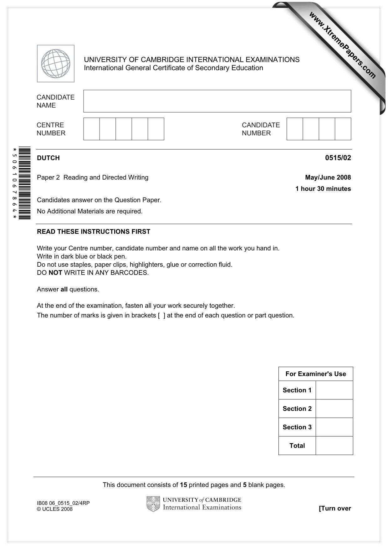 Cambridge IGCSE Dutch - Foreign Language 0515 2008 May/June Paper 2 · Variant 1 question paper, page 1 of 20