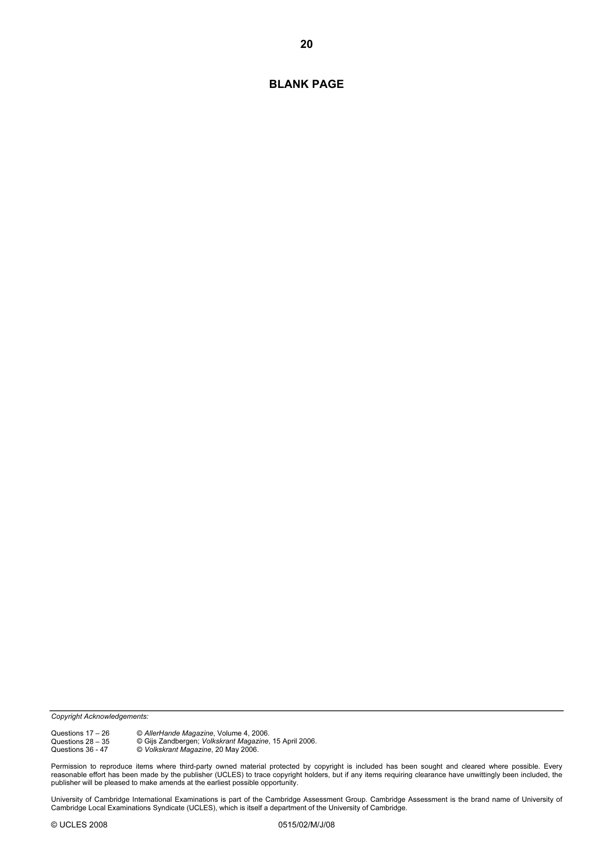 Cambridge IGCSE Dutch - Foreign Language 0515 2008 May/June Paper 2 · Variant 1 question paper, page 20 of 20