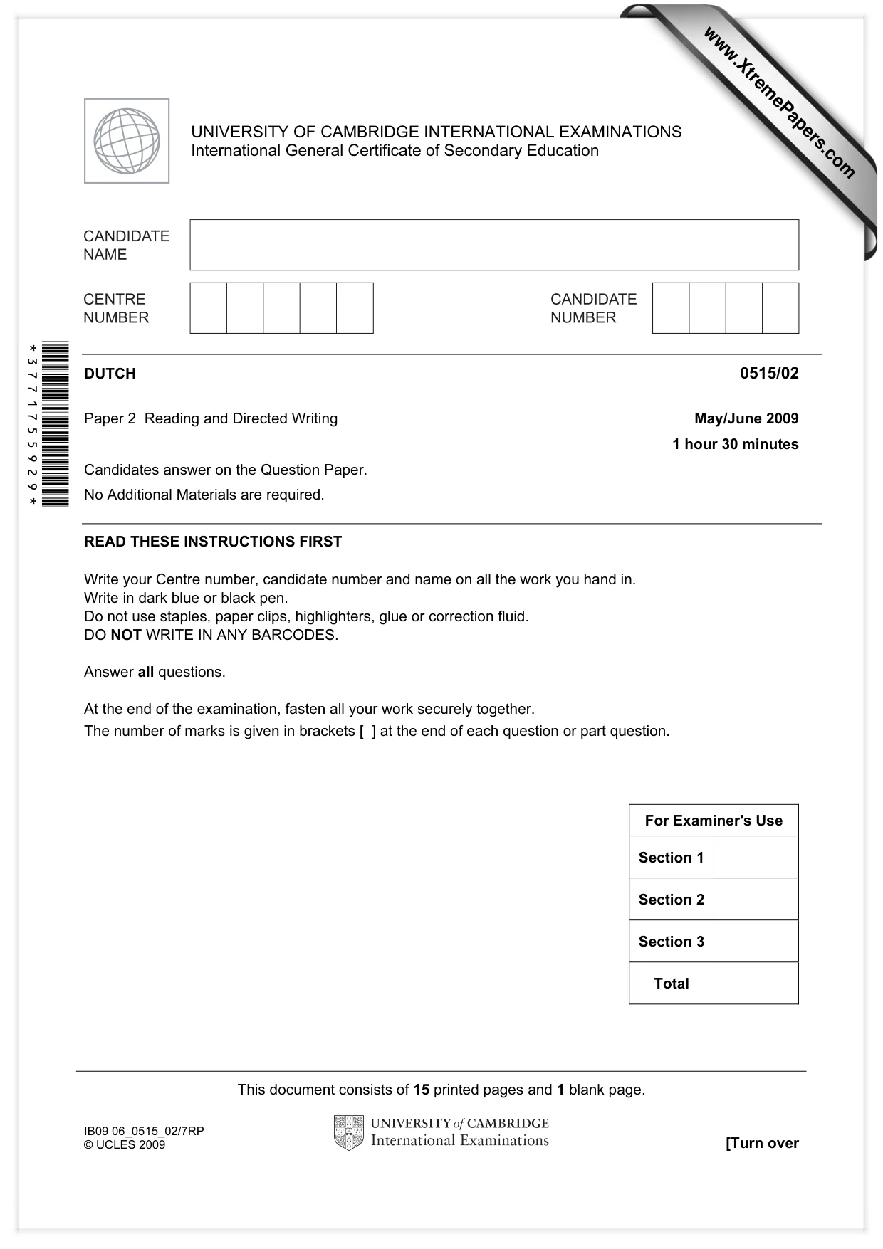 Cambridge IGCSE Dutch - Foreign Language 0515 2009 May/June Paper 2 · Variant 1 question paper, page 1 of 16