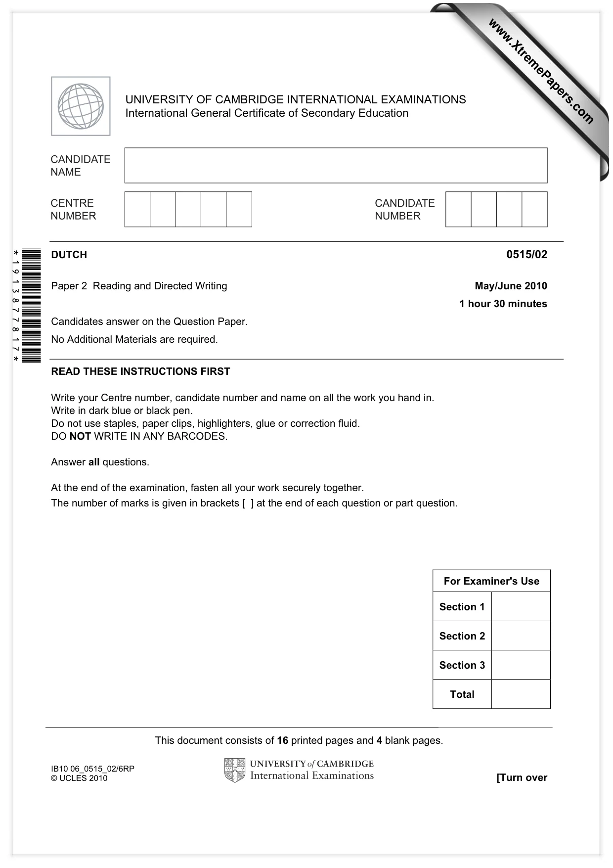 Cambridge IGCSE Dutch - Foreign Language 0515 2010 May/June Paper 2 · Variant 1 question paper, page 1 of 20