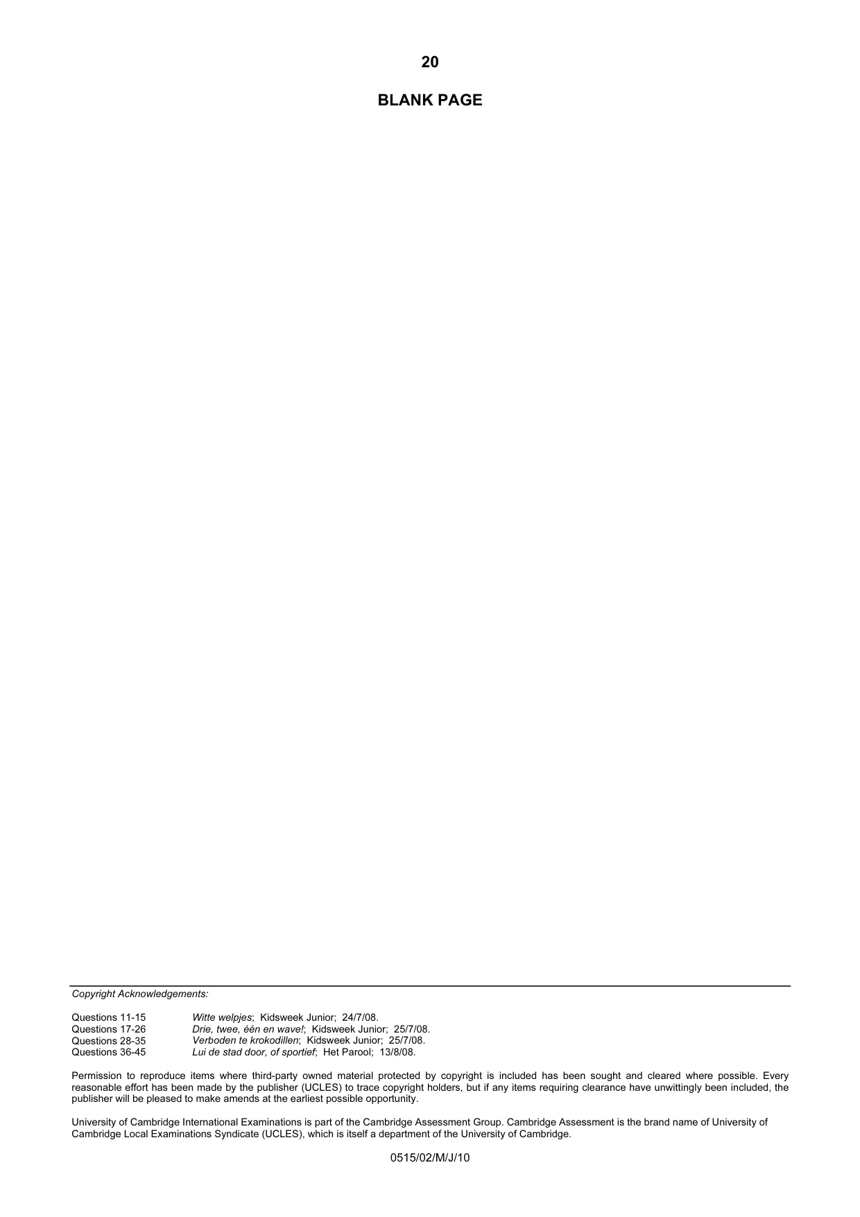 Cambridge IGCSE Dutch - Foreign Language 0515 2010 May/June Paper 2 · Variant 1 question paper, page 20 of 20