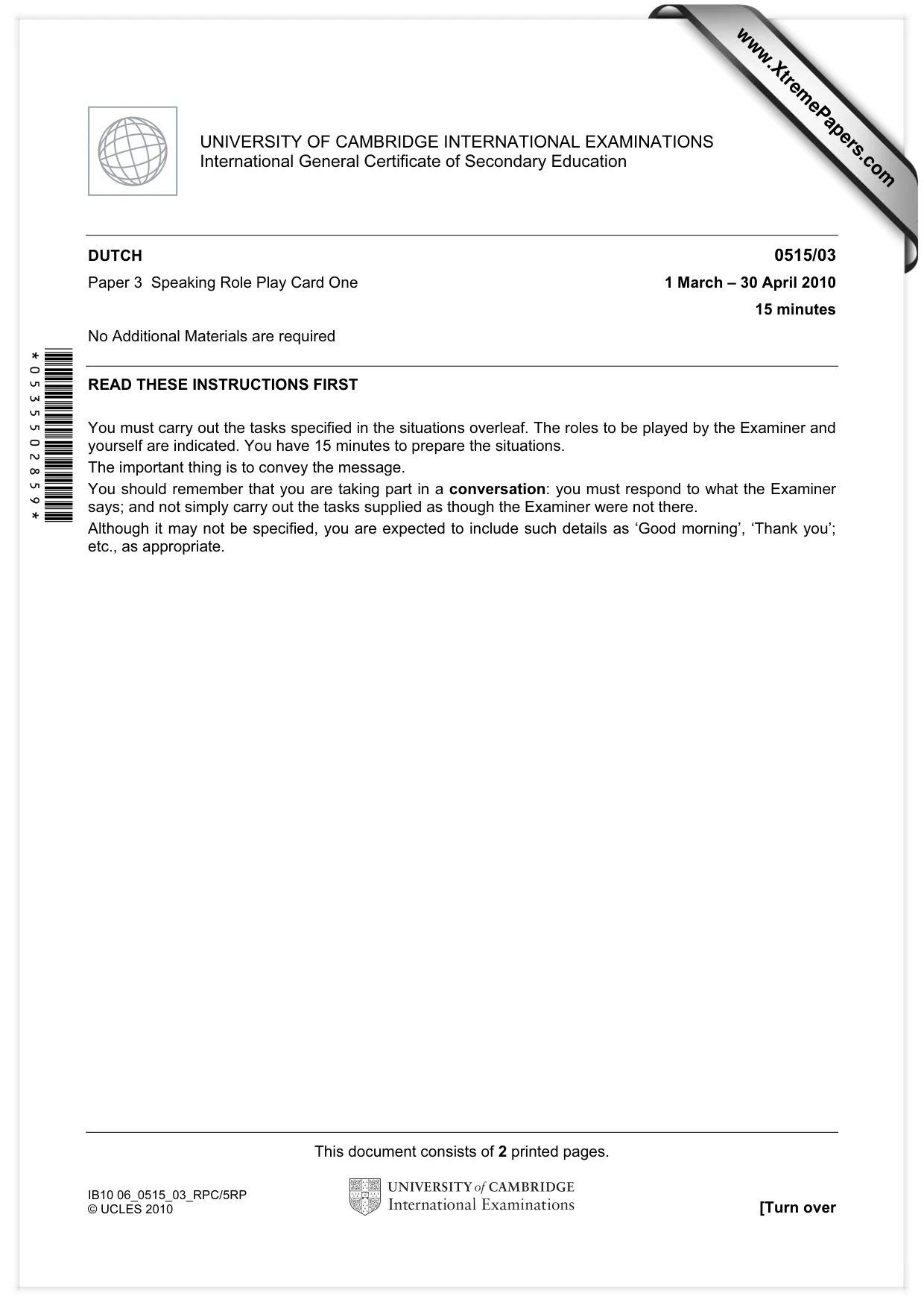 Cambridge IGCSE Dutch - Foreign Language 0515 2010 May/June Paper 3 · Variant 1 question paper, page 1 of 18