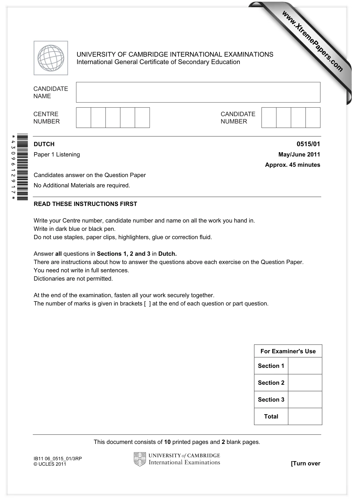 Cambridge IGCSE Dutch - Foreign Language 0515 2011 May/June Paper 1 · Variant 1 question paper, page 1 of 12