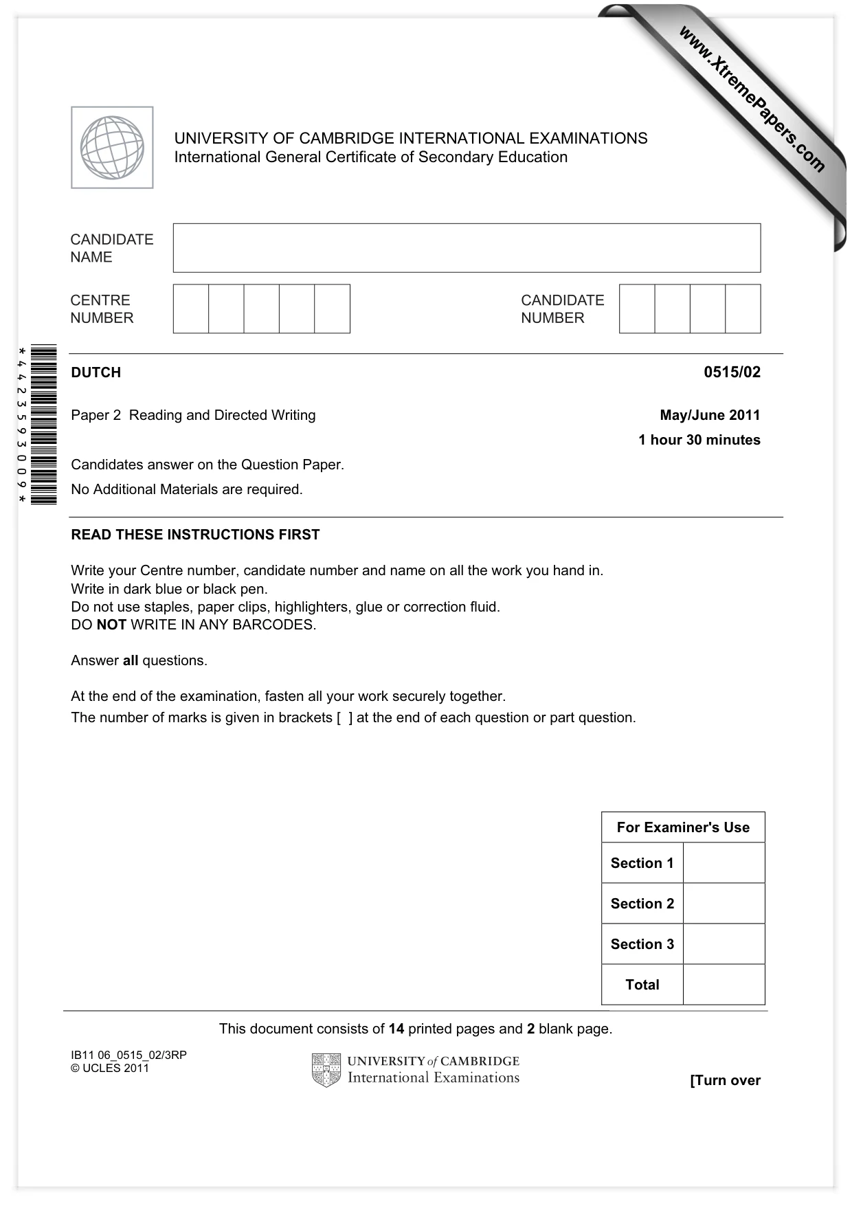 Cambridge IGCSE Dutch - Foreign Language 0515 2011 May/June Paper 2 · Variant 1 question paper, page 1 of 16