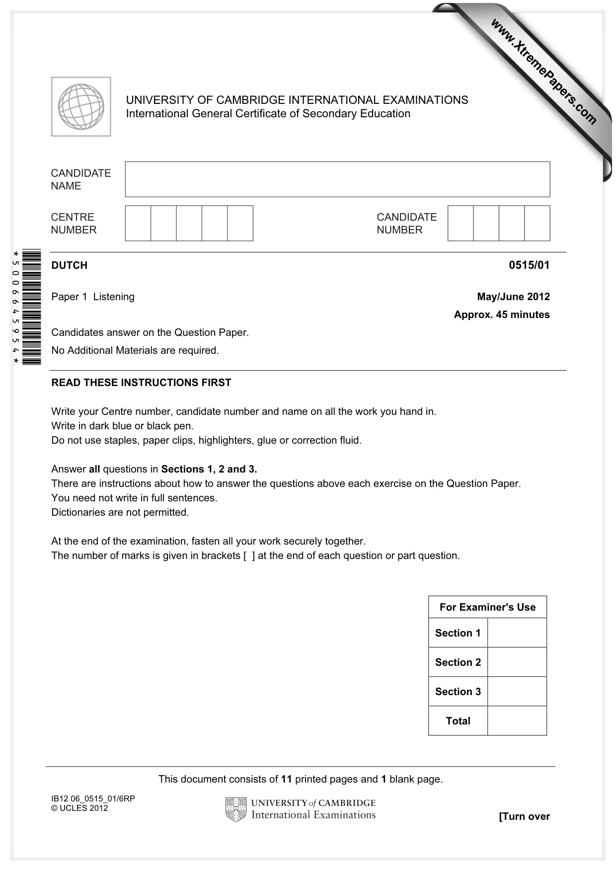 Cambridge IGCSE Dutch - Foreign Language 0515 2012 May/June Paper 1 · Variant 1 question paper, page 1 of 12