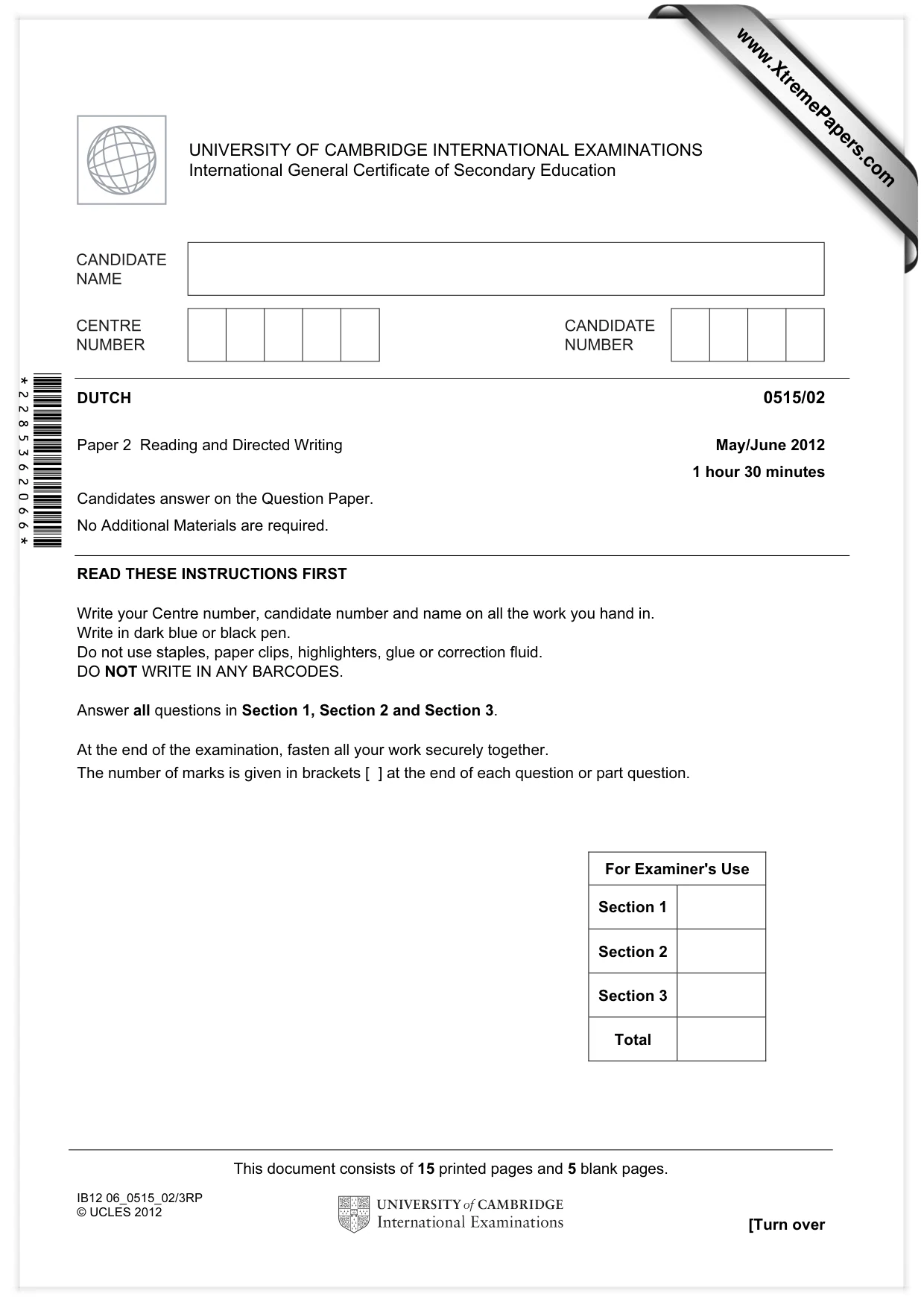 Cambridge IGCSE Dutch - Foreign Language 0515 2012 May/June Paper 2 · Variant 1 question paper, page 1 of 20