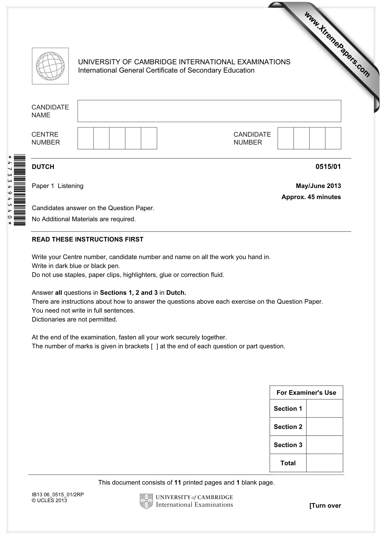 Cambridge IGCSE Dutch - Foreign Language 0515 2013 May/June Paper 1 · Variant 1 question paper, page 1 of 12