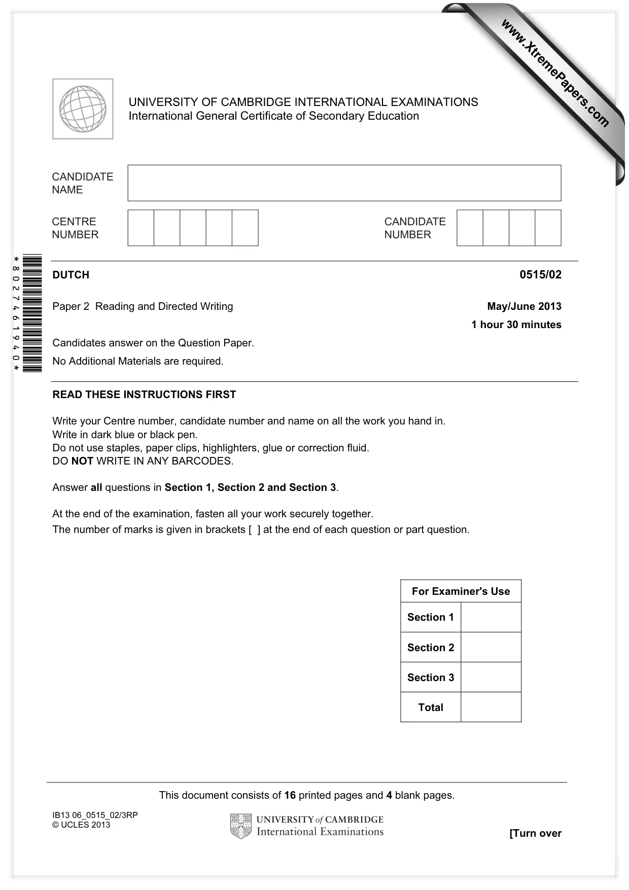 Cambridge IGCSE Dutch - Foreign Language 0515 2013 May/June Paper 2 · Variant 1 question paper, page 1 of 20