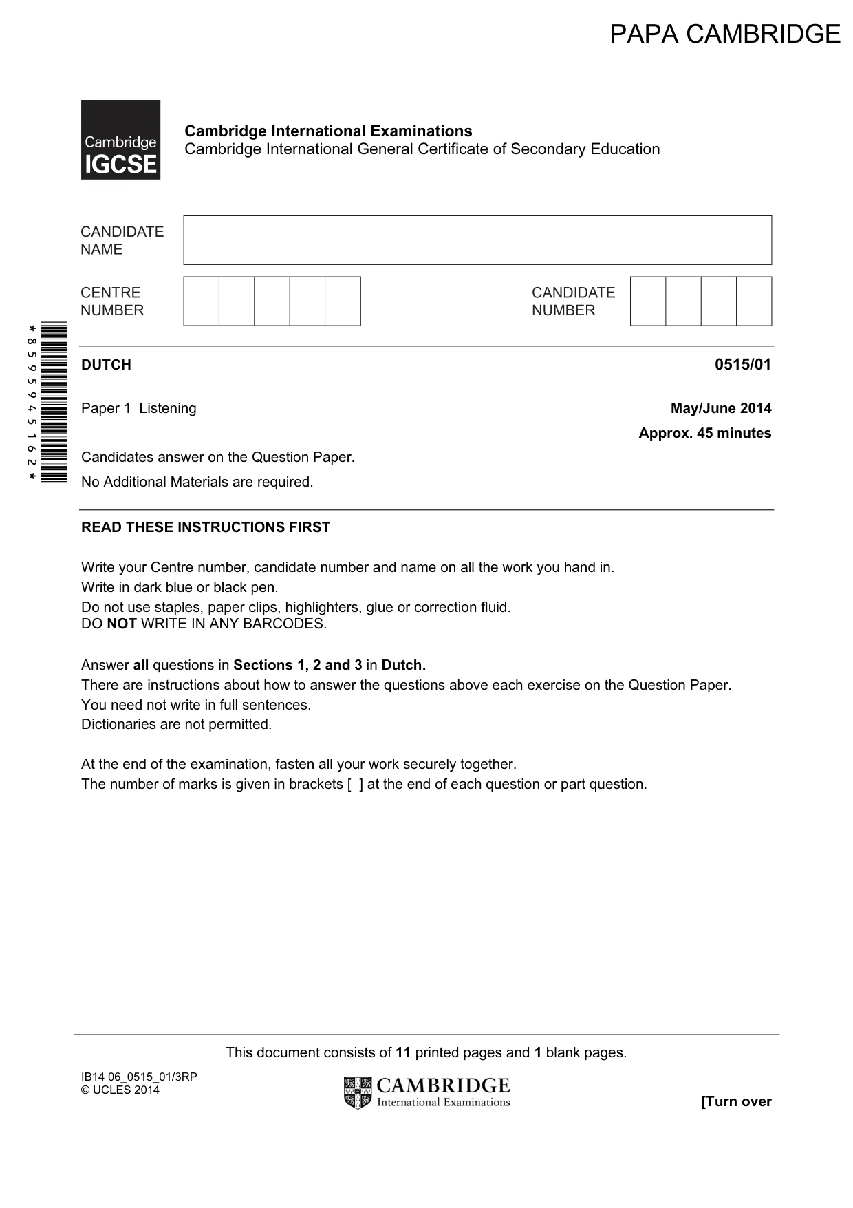 Cambridge IGCSE Dutch - Foreign Language 0515 2014 May/June Paper 1 · Variant 1 question paper, page 1 of 12