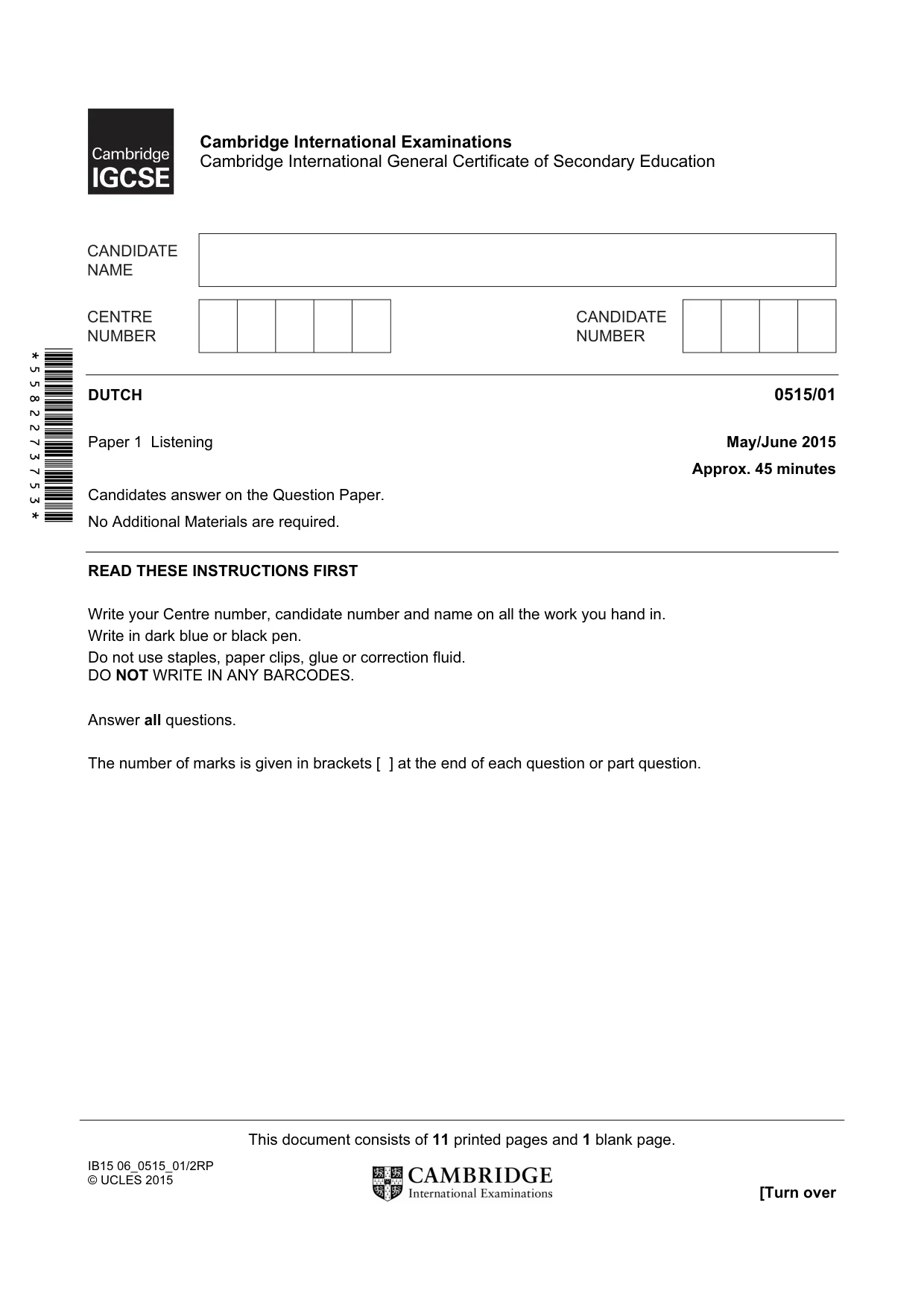 Cambridge IGCSE Dutch - Foreign Language 0515 2015 May/June Paper 1 · Variant 1 question paper, page 1 of 12