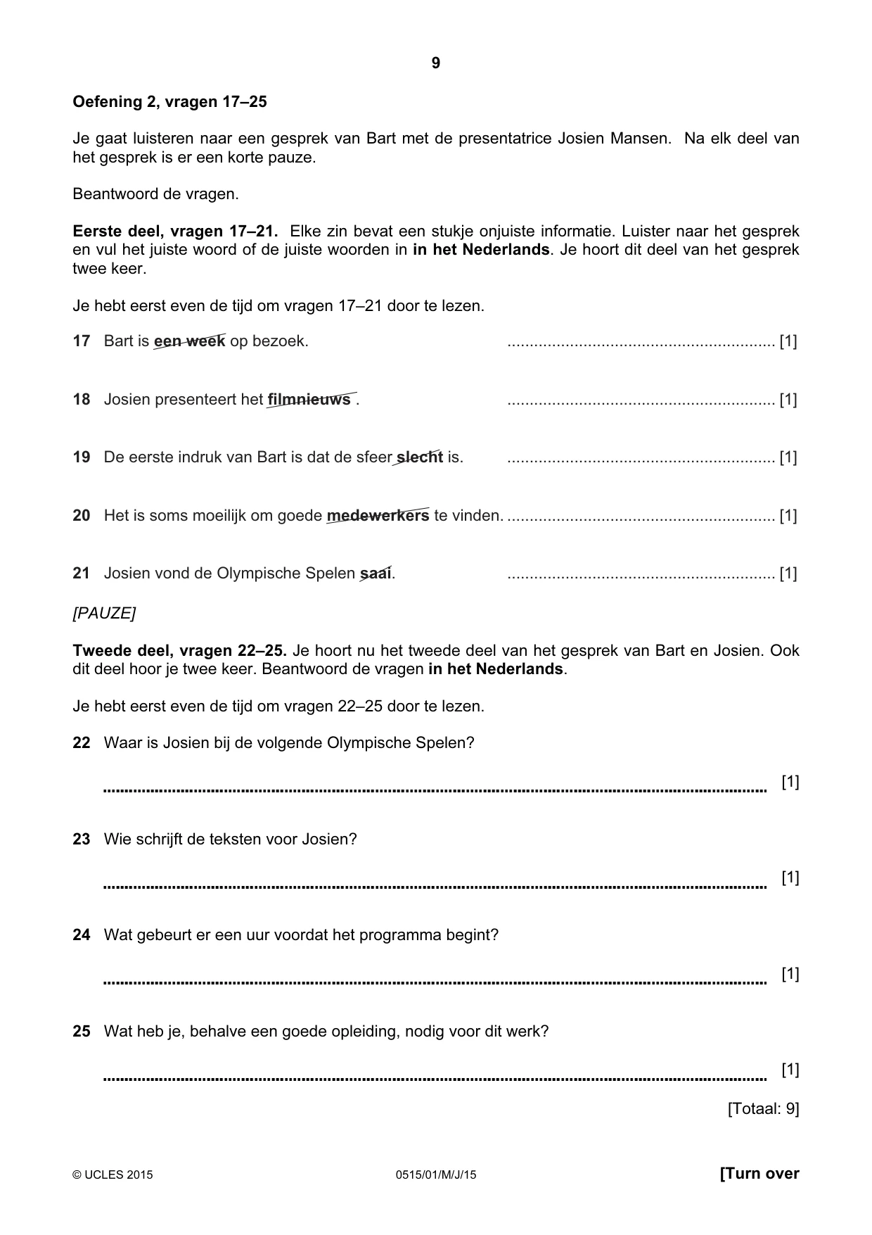 Cambridge IGCSE Dutch - Foreign Language 0515 2015 May/June Paper 1 · Variant 1 question paper, page 9 of 12