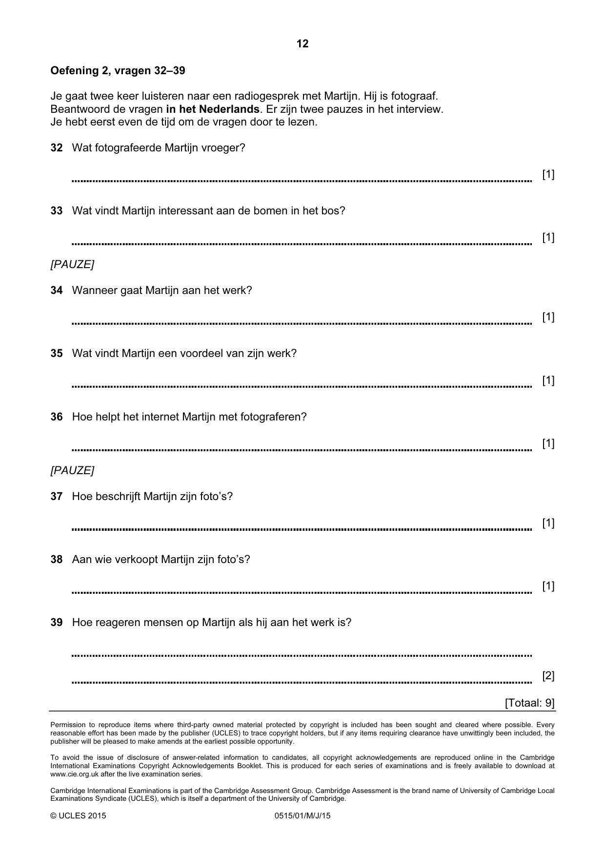 Cambridge IGCSE Dutch - Foreign Language 0515 2015 May/June Paper 1 · Variant 1 question paper, page 12 of 12