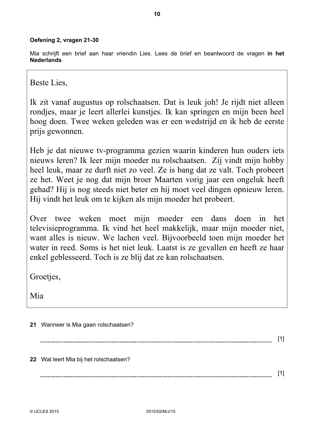 Cambridge IGCSE Dutch - Foreign Language 0515 2015 May/June Paper 2 · Variant 1 question paper, page 10 of 16