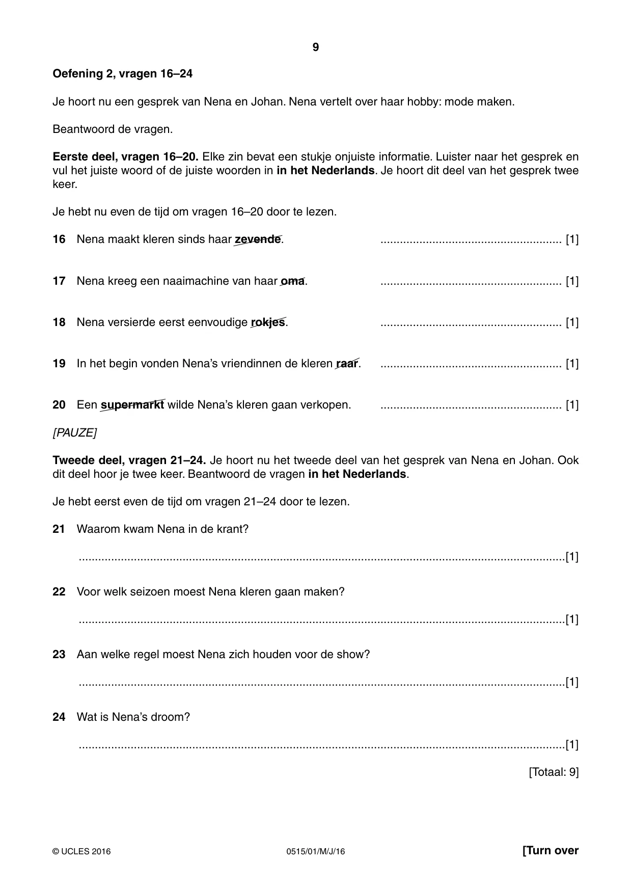 Cambridge IGCSE Dutch - Foreign Language 0515 2016 May/June Paper 1 · Variant 0 question paper, page 9 of 12