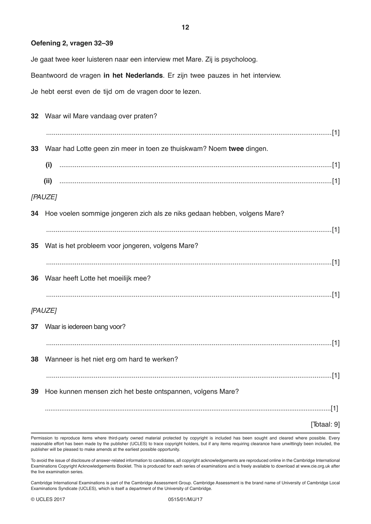 Cambridge IGCSE Dutch - Foreign Language 0515 2017 May/June Paper 1 · Variant 1 question paper, page 12 of 12