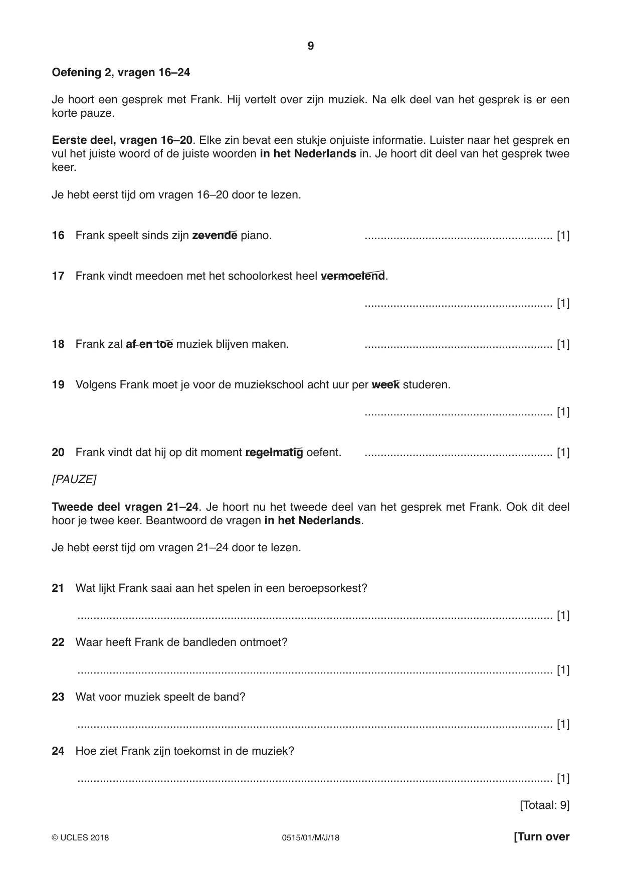 Cambridge IGCSE Dutch - Foreign Language 0515 2018 May/June Paper 1 · Variant 0 question paper, page 9 of 12
