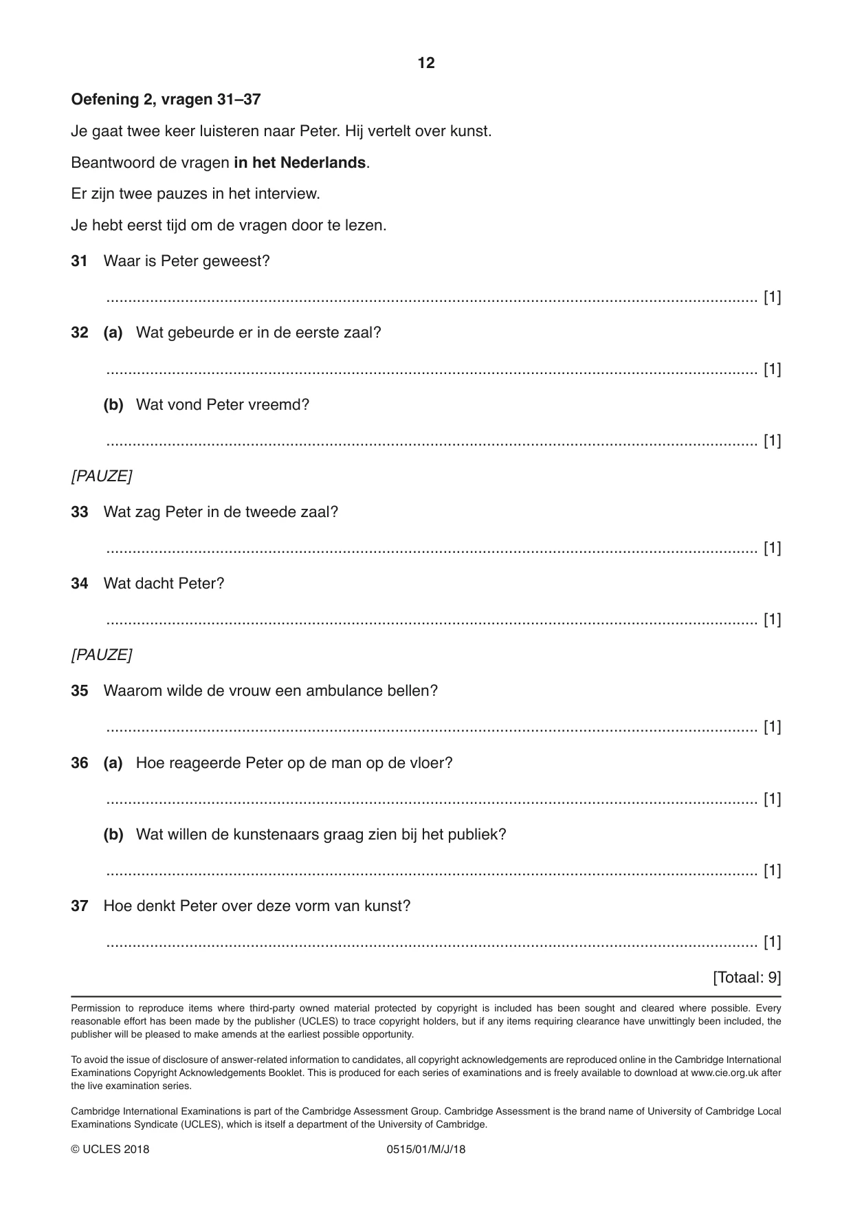 Cambridge IGCSE Dutch - Foreign Language 0515 2018 May/June Paper 1 · Variant 0 question paper, page 12 of 12