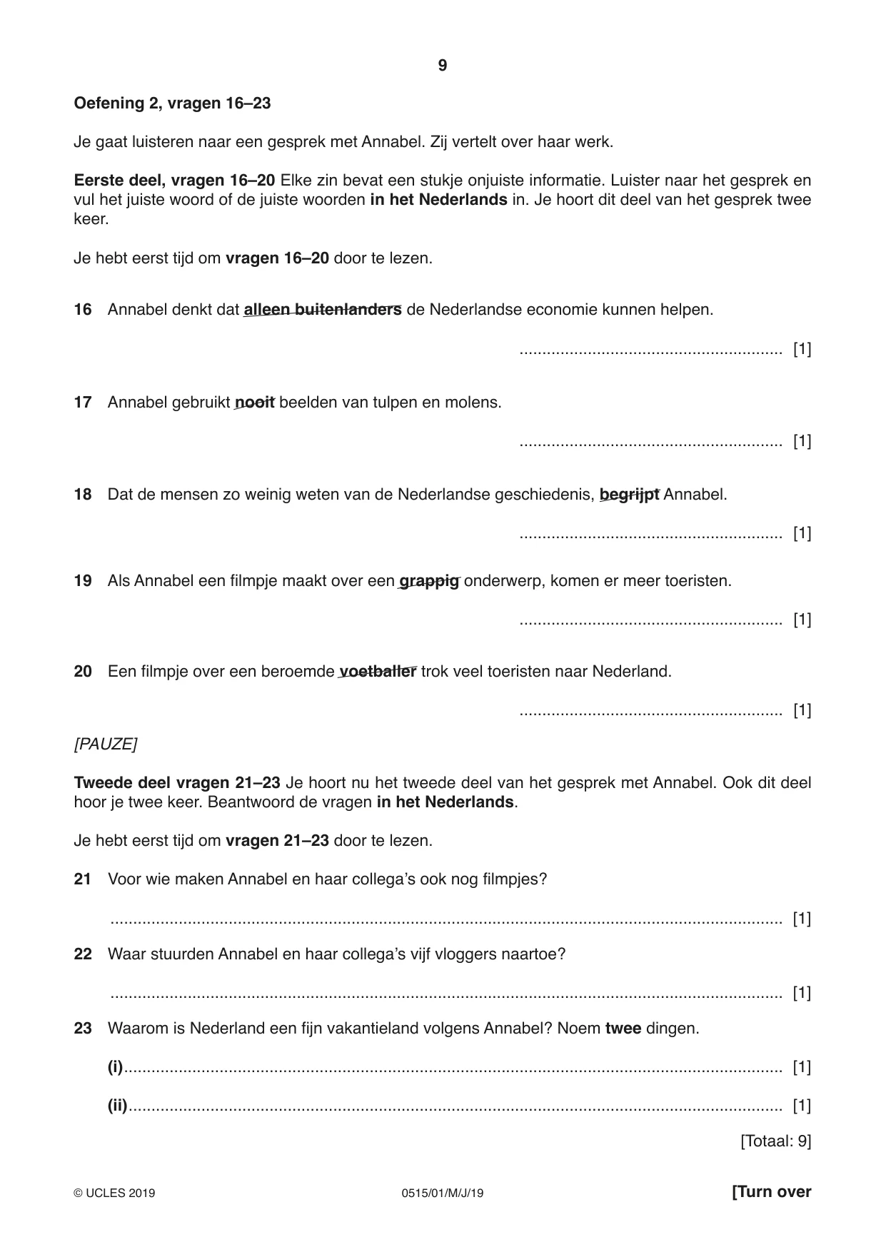 Cambridge IGCSE Dutch - Foreign Language 0515 2019 May/June Paper 1 · Variant 1 question paper, page 9 of 16