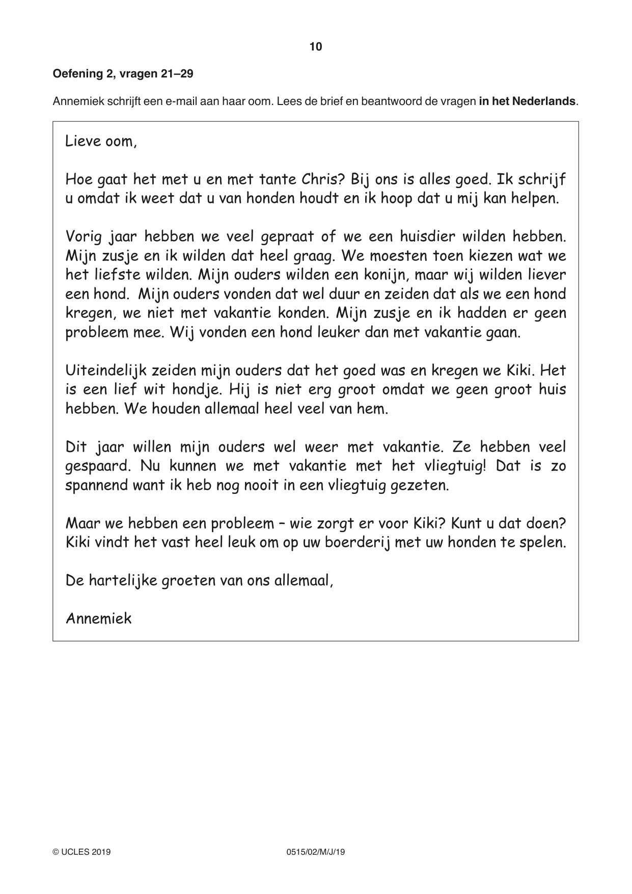 Cambridge IGCSE Dutch - Foreign Language 0515 2019 May/June Paper 2 · Variant 1 question paper, page 10 of 16