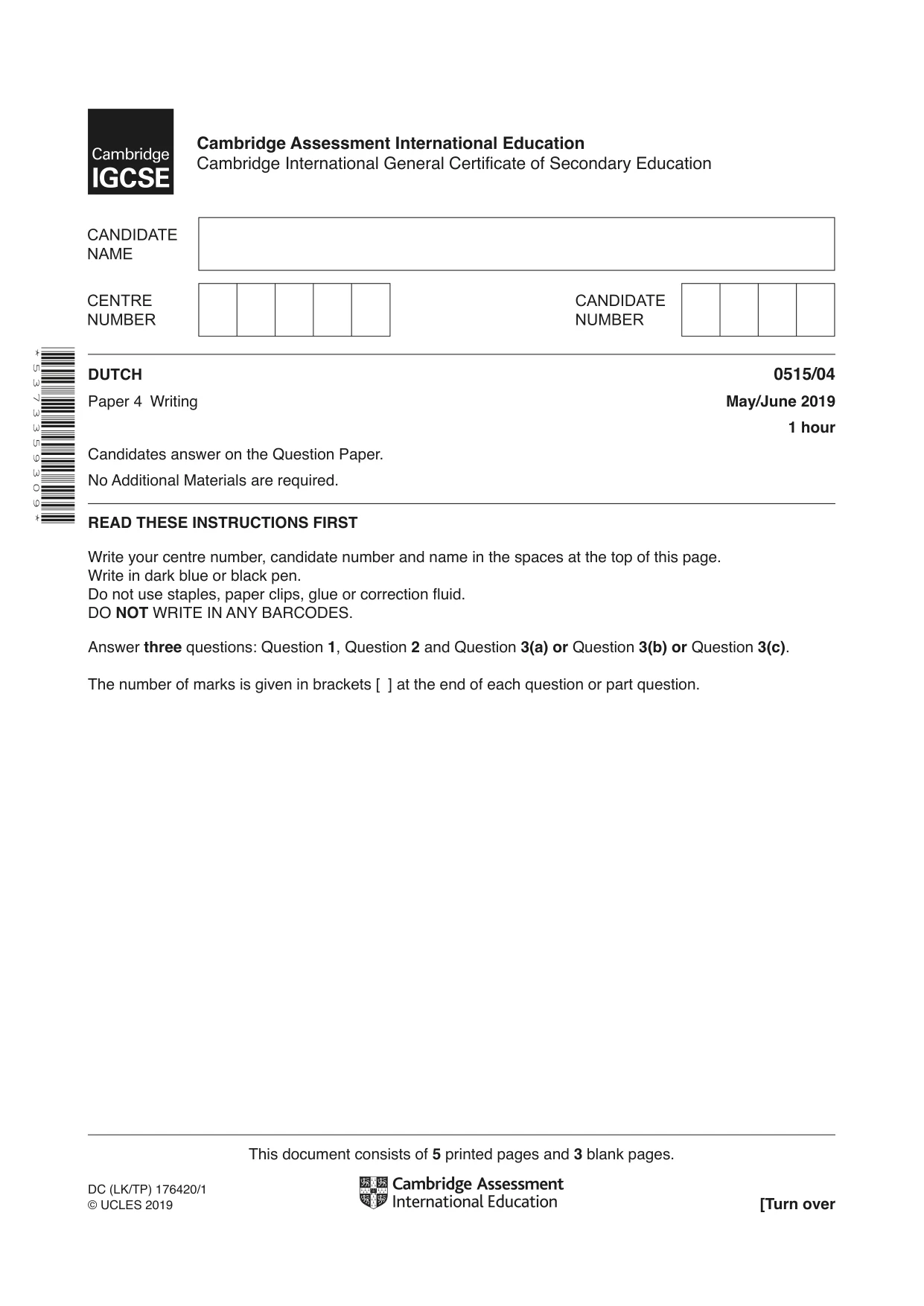 Cambridge IGCSE Dutch - Foreign Language 0515 2019 May/June Paper 4 · Variant 1 question paper, page 1 of 8