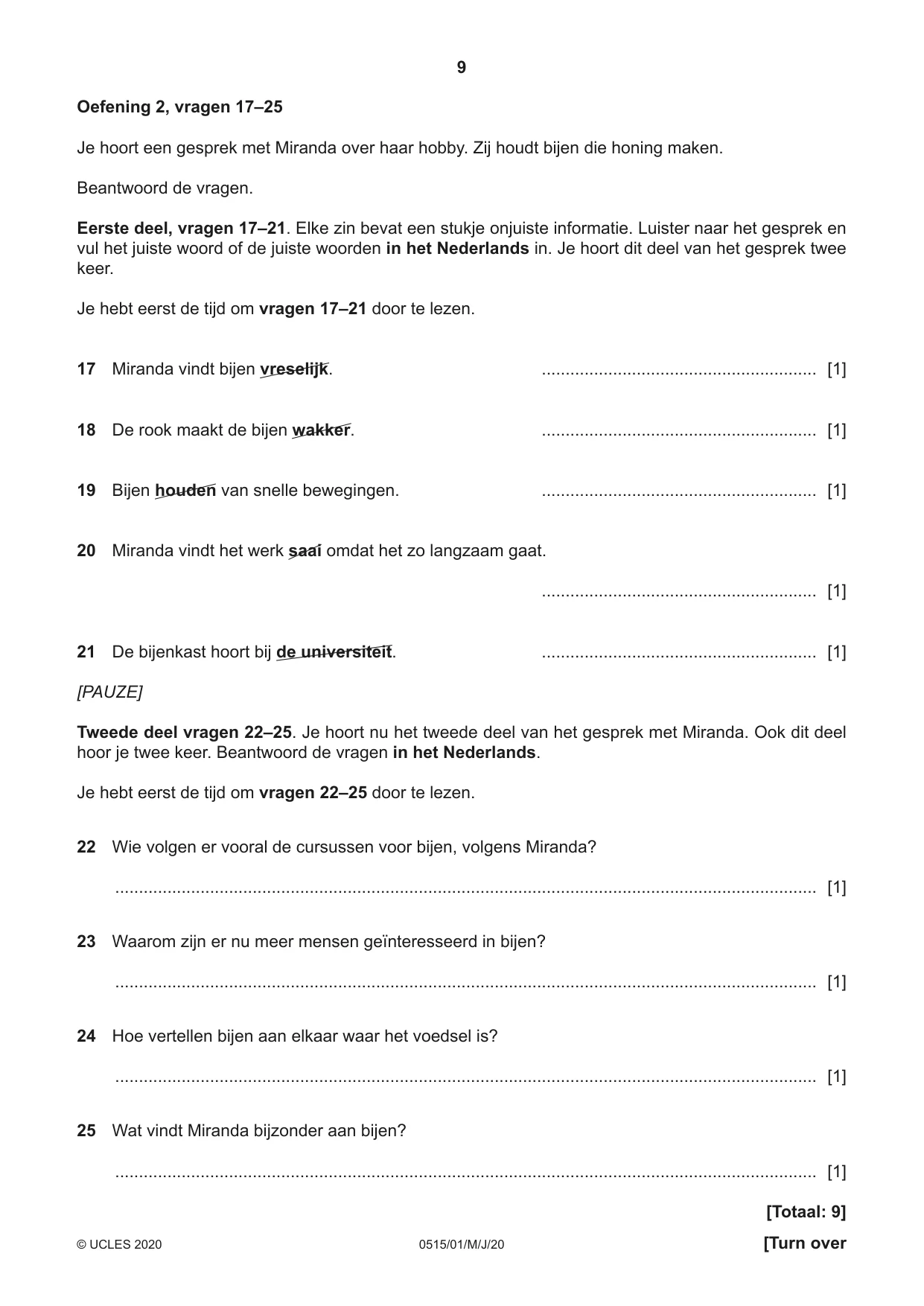 Cambridge IGCSE Dutch - Foreign Language 0515 2020 May/June Paper 1 · Variant 0 question paper, page 9 of 16