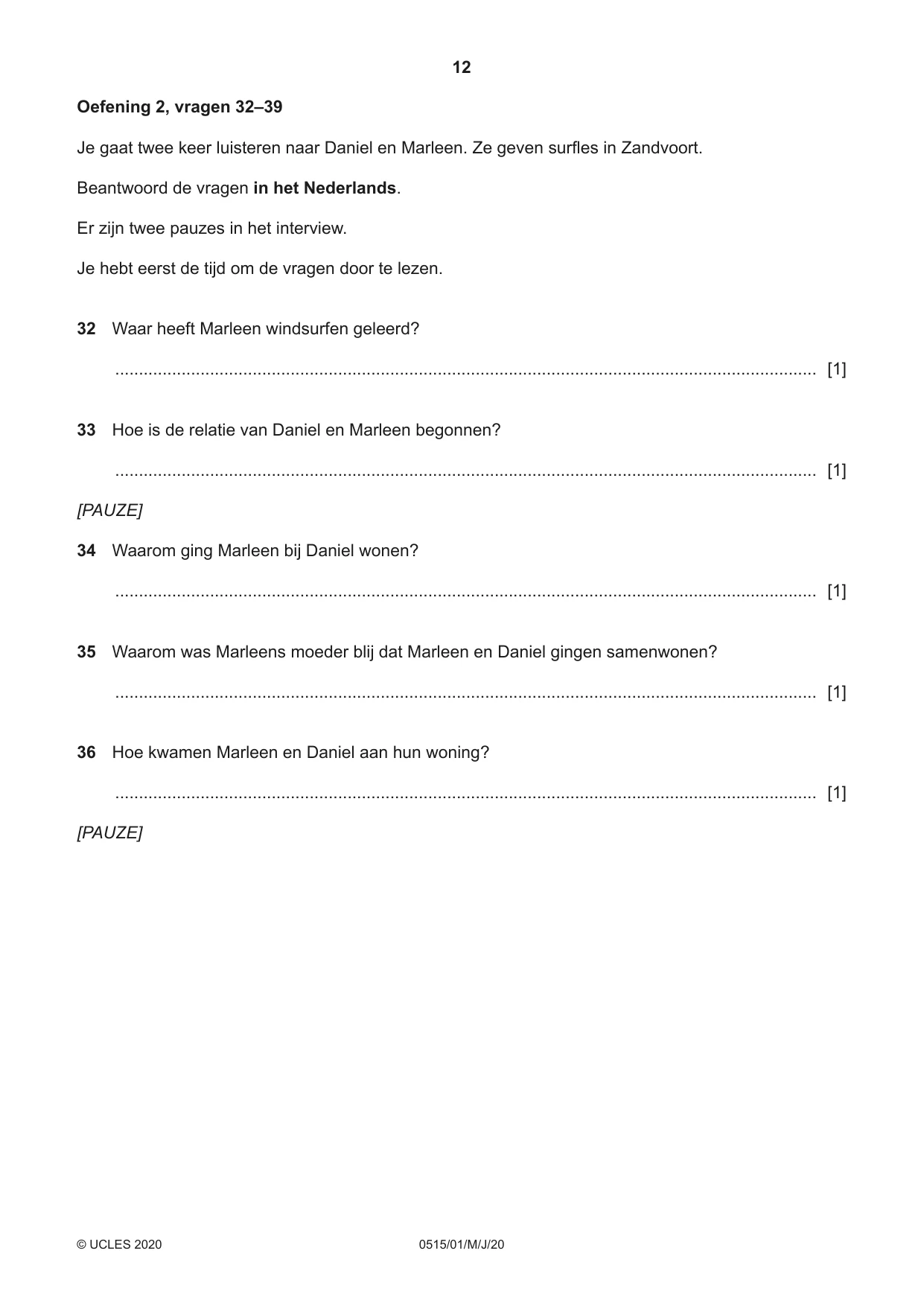Cambridge IGCSE Dutch - Foreign Language 0515 2020 May/June Paper 1 · Variant 0 question paper, page 12 of 16
