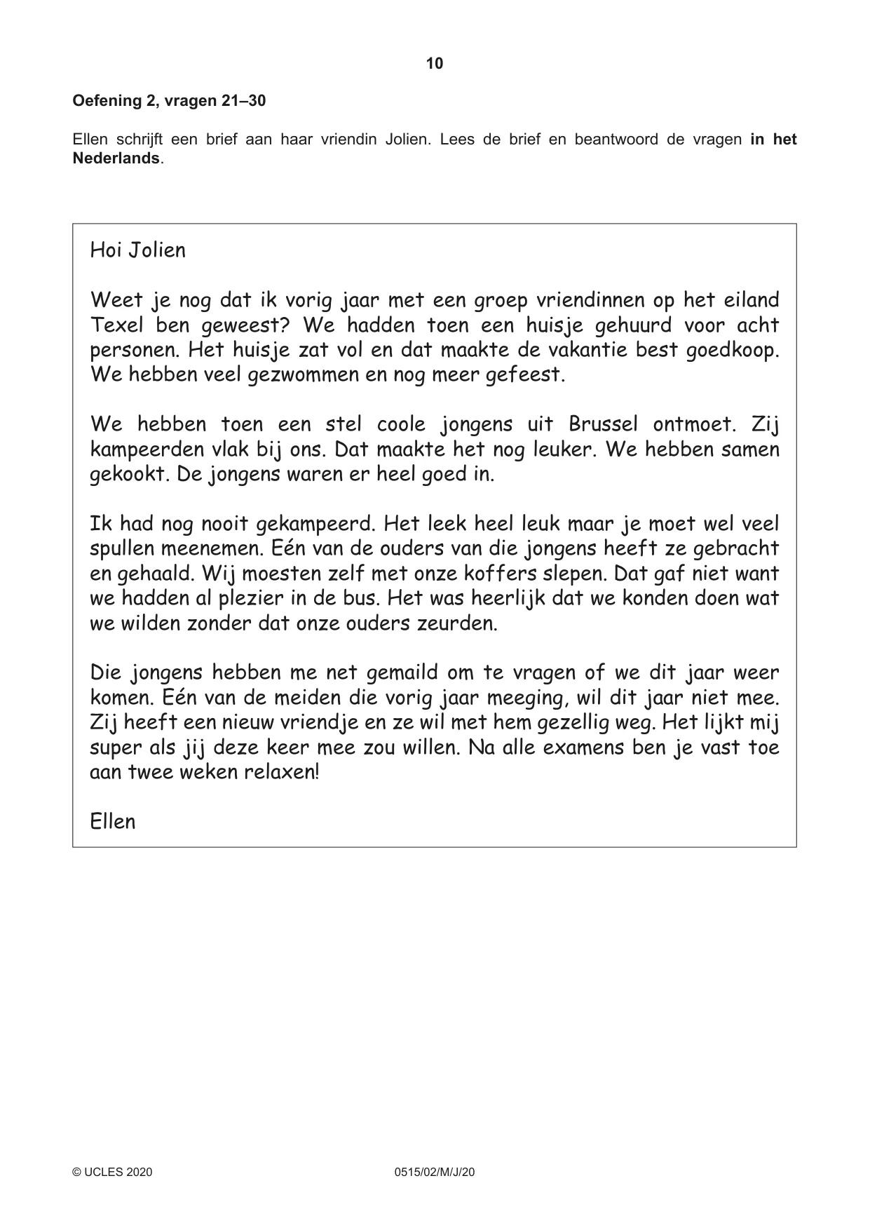 Cambridge IGCSE Dutch - Foreign Language 0515 2020 May/June Paper 2 · Variant 0 question paper, page 10 of 16